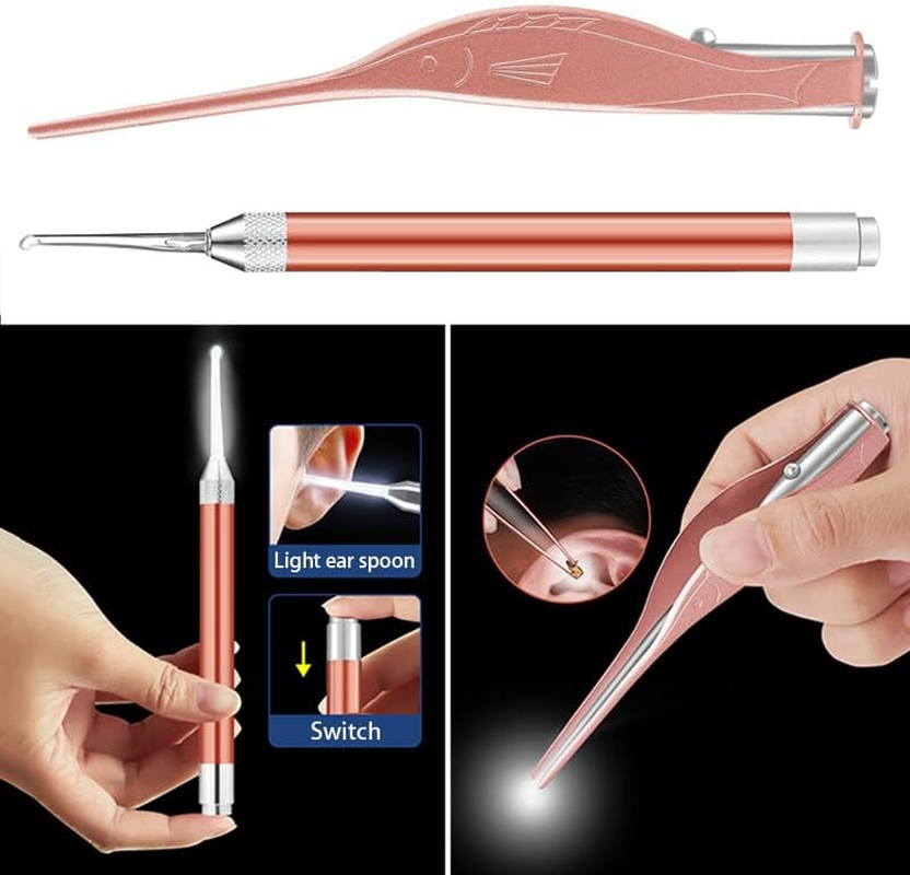 Ear Pick, 2PCS Stainless Steel Illuminated Earwax Removal Kit with Storage Box, High Safety LED Lighted Ear Wax Cleaner Tweezers for Kids (Rose Gold) - Rose Gold image number 3
