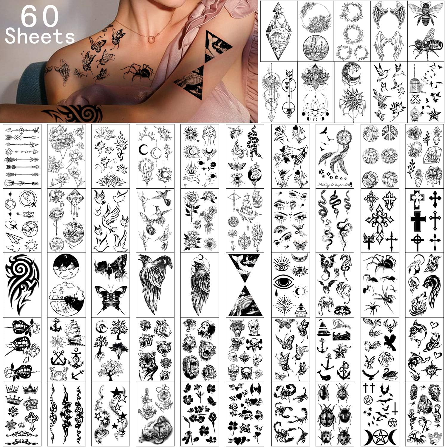 Yazhiji 60 Sheets Tiny Waterproof Temporary Tattoos, Moon Stars Constellations Music Compass Anchor Words Lines Flowers for Kids Adults Men and Women