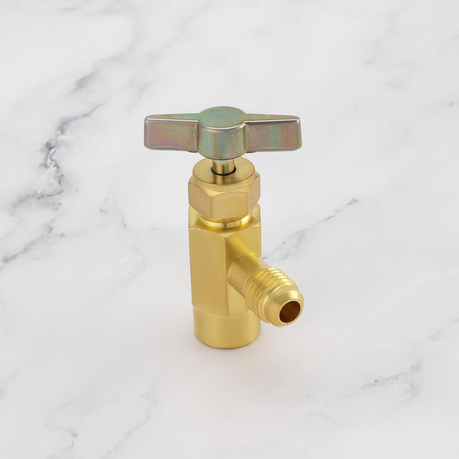 YINETTECH R600A Refrigerant Valve Bottle Opener Brass 7/16" Female Thread to 1/4" SAE Male Thread Self-Sealing Can Tap Adapter for Air Conditioning Refrigerant image number 2