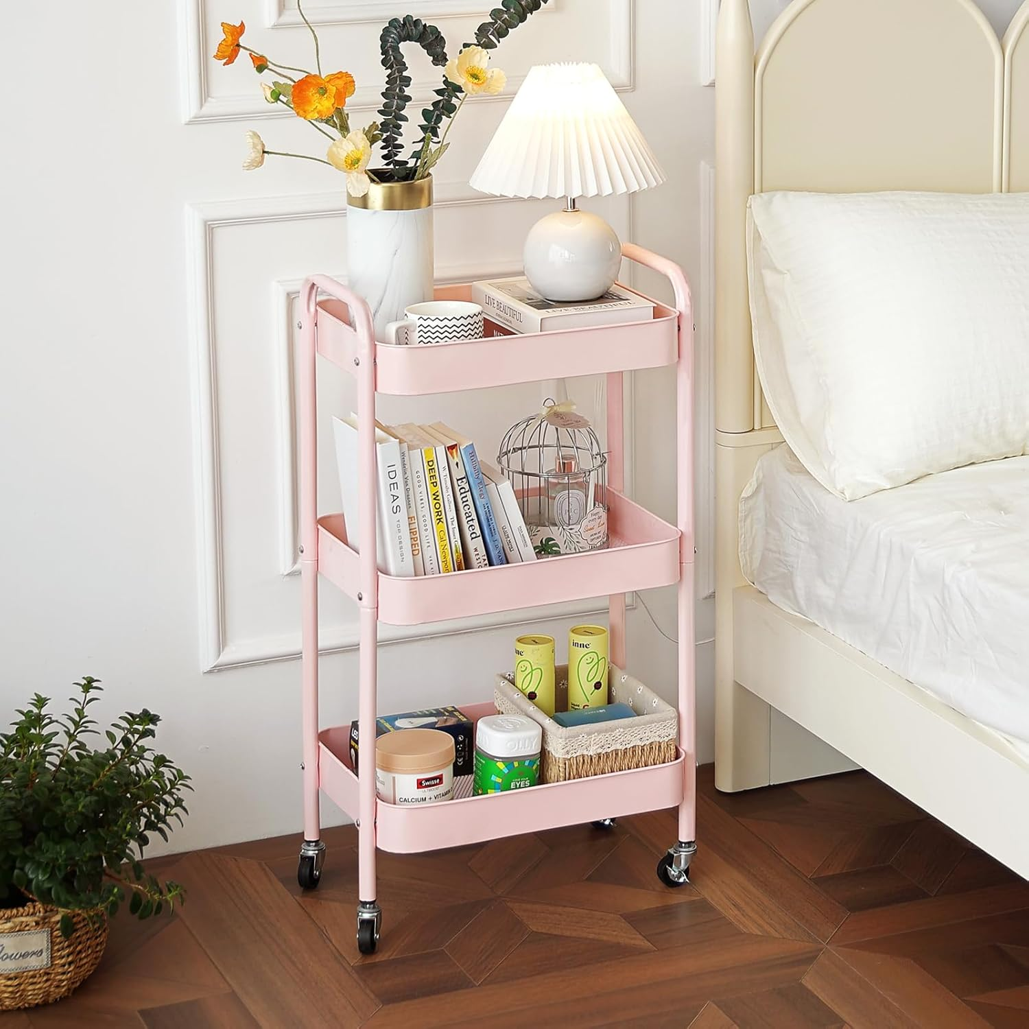 Tiita 3 Tier Rolling Utility Cart, Metal Storage Utility Organizer Cart with Wheels, Slim Rolling Cart Organizer for Kitchen, Bathroom, Office, Pink