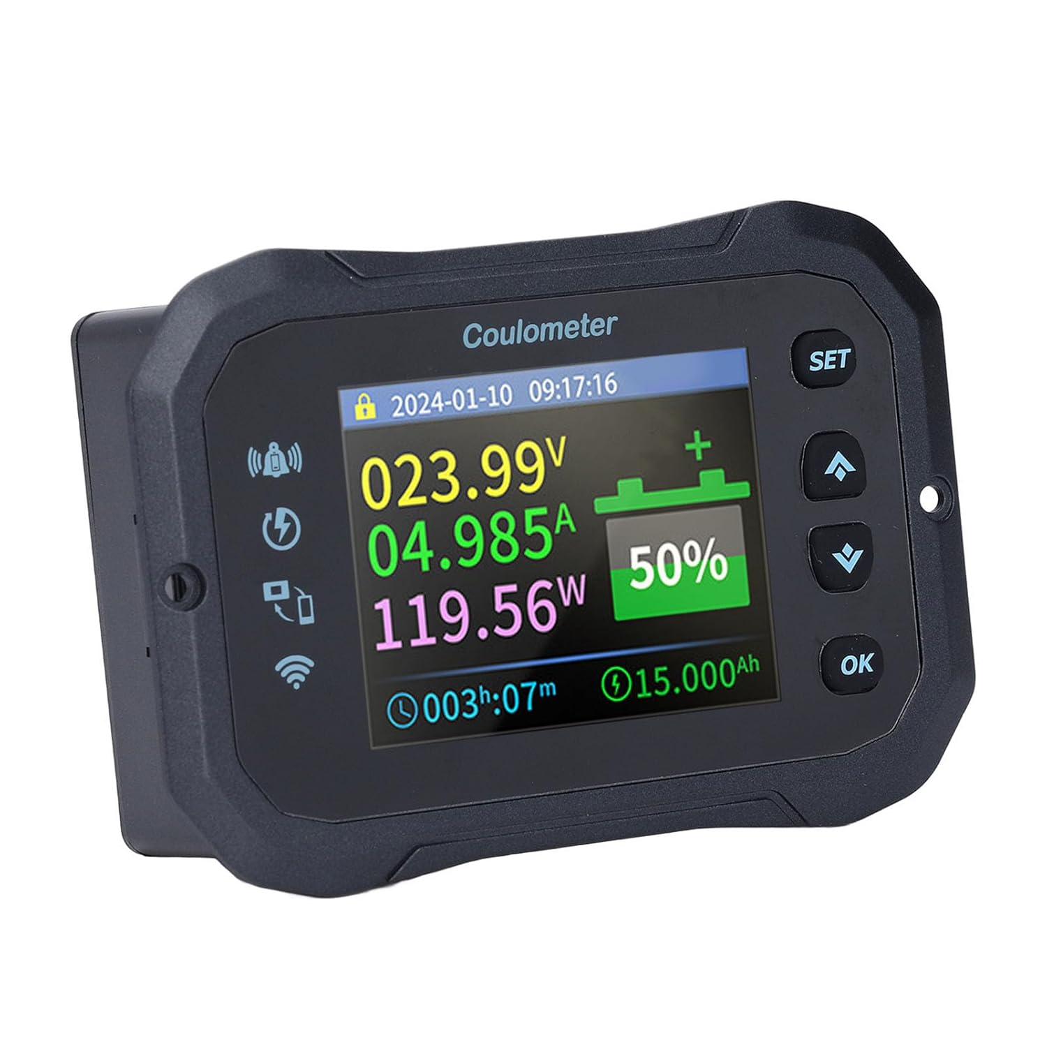 Wifi Battery Monitor with Shunt, 10-100V 0-50A Bidirectional Detection Remote Monitoring Battery Monitor with 2.4 Inch Color LCD Screen