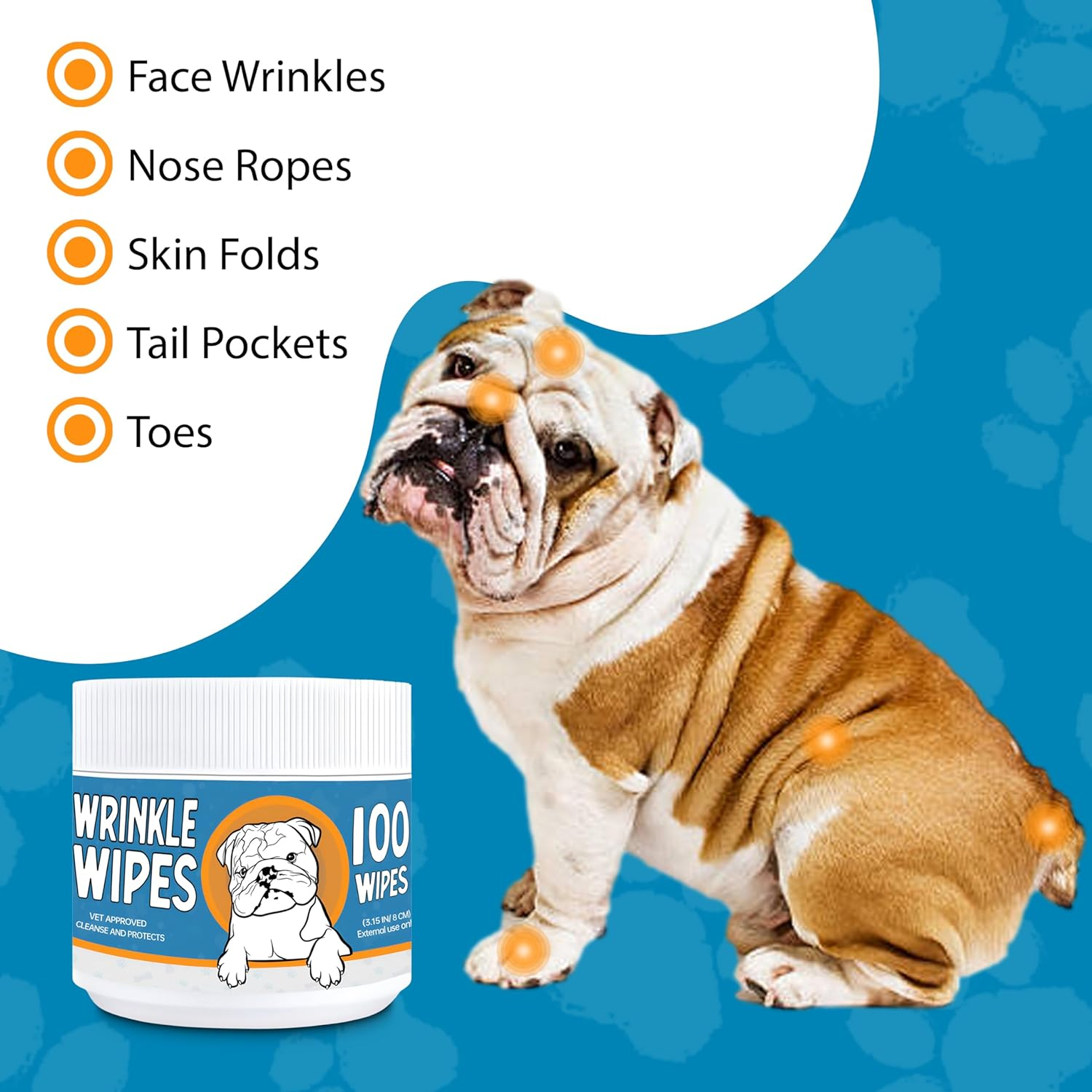 Bulldog Wrinkle Wipes for Dogs 100 Count - Clean and Sooth on Wrinkles, Folds - Dog Wrinkle Wipes French Bulldog, English Bulldog, Pugs, Frenchie - 3.15 in Large Dog Face Wipes - Unscented image number 4