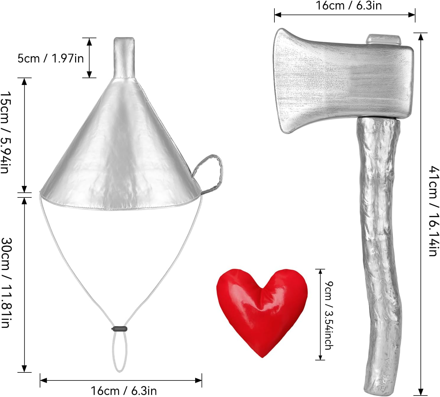 Silver Funnel Hat with Axe & Heart Brooch - Halloween Costume Accessories 3 Pieces Set for Adults & Kids, Cosplay Party Props image number 2