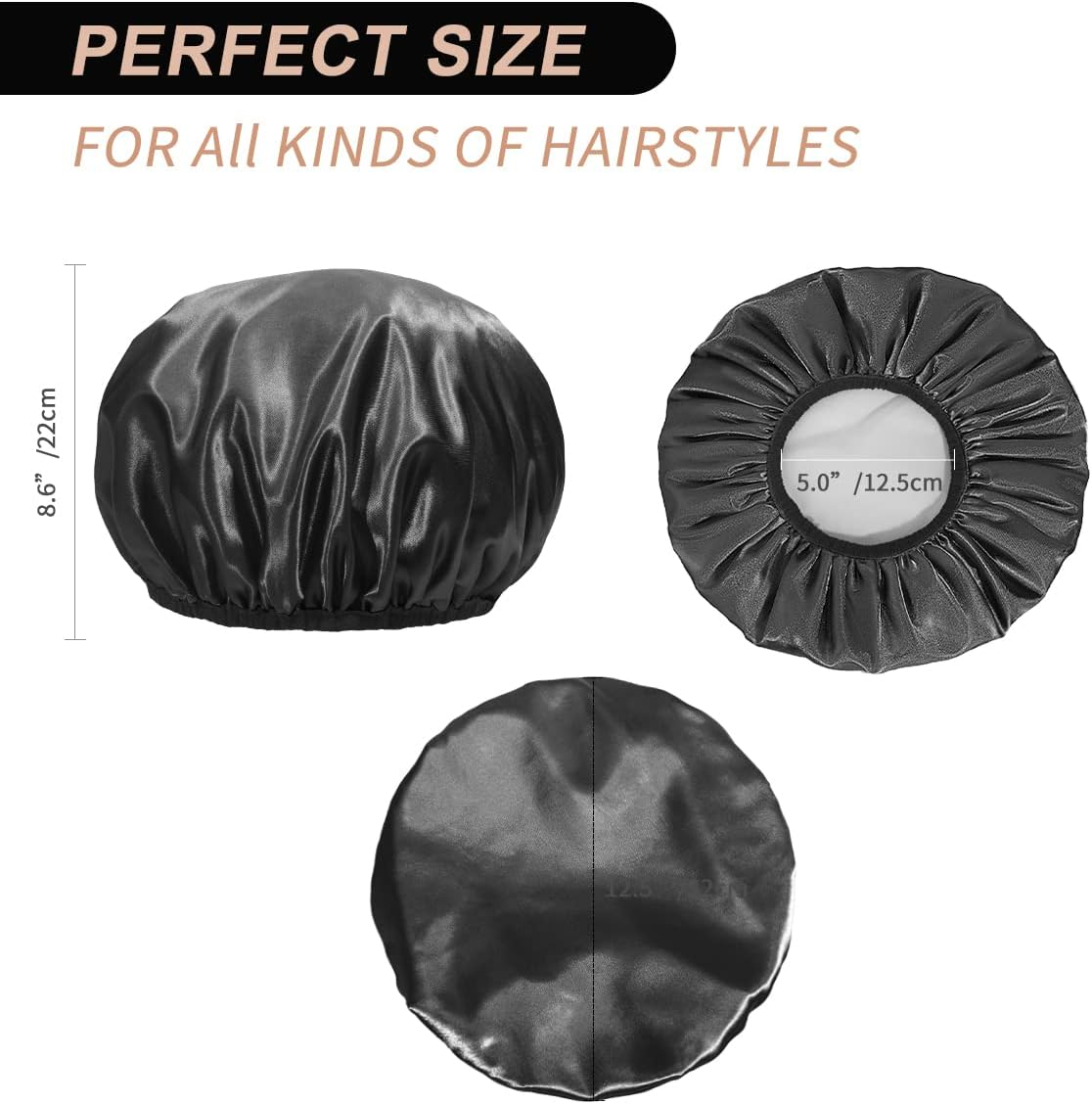 Aquior Shower Cap, Extra Large Shower Cap for Men, Satin EVA Double Layer Waterproof Reusable Hair Cap for Women Long Hair(All Black 4 Pack) image number 3