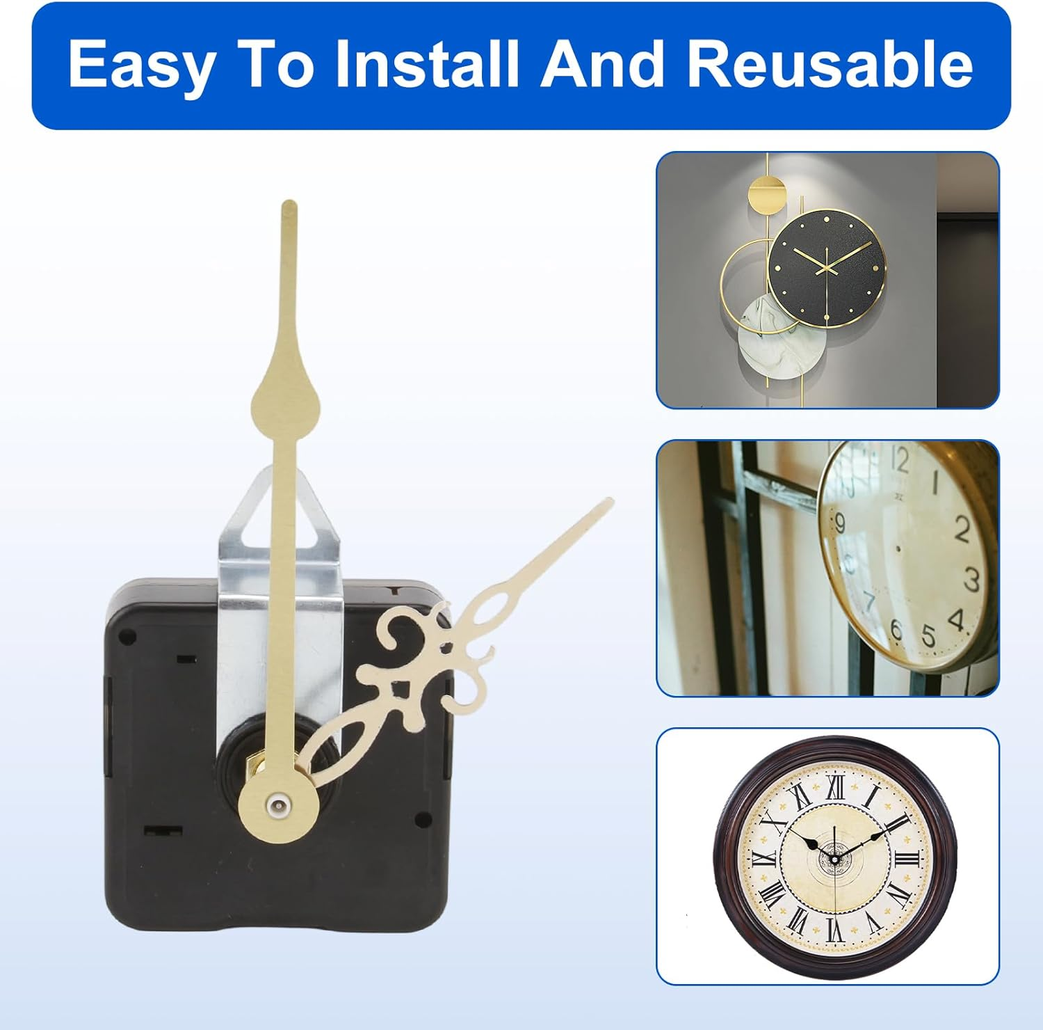 Clock Mechanism Replacement Kit, Clock Motor Movement Wall Replacement DIY Quartz, Clock Accessories, Non-Ticking DIY Set - 2 Mechanisms & 5 Metal Hands image number 6