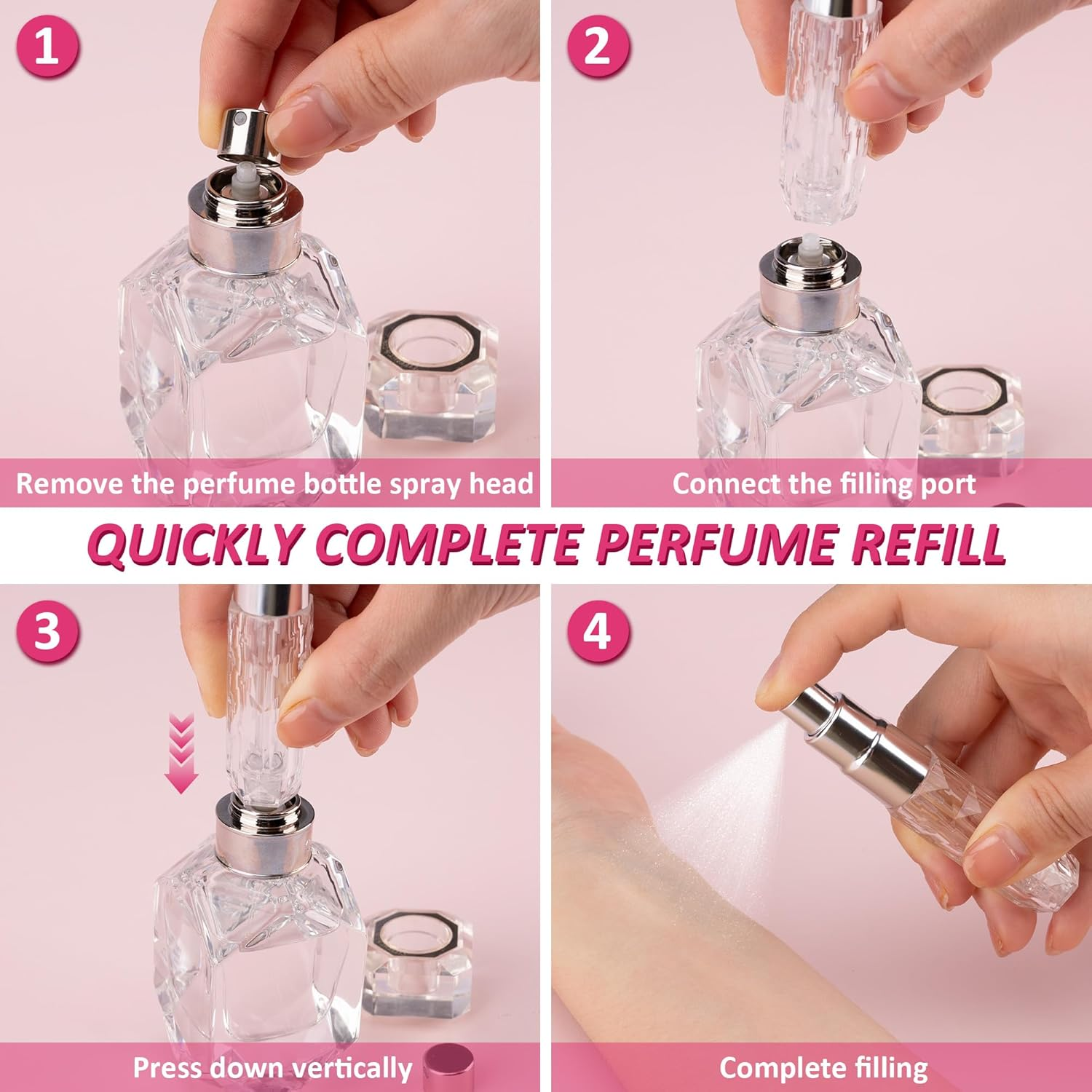 2 PCS Perfume Atomizer Travel Refillable Mini Scent Bottle Diamond Design 5ML Fragrance Sprayer Scent Pump Case for Travel Trip Business Portable Dispenser for Women and Men (Red+Silver) image number 6