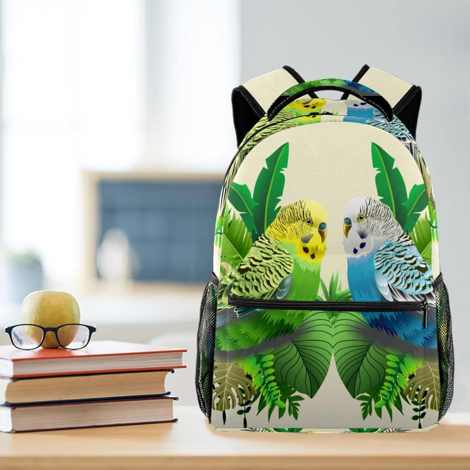 Green and Blue Budgie in Leaves Backpack Students Shoulder Bags Travel Bag College School Tote Backpacks