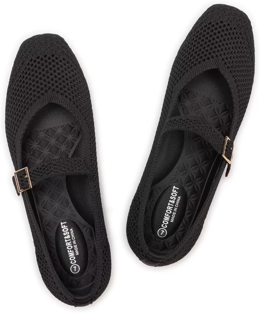 Frank Mully Womens Casual Flat Shoes Square Toe Shoes Knitted Mesh Flat Comfort Work Flat Shoes for Daily Washable