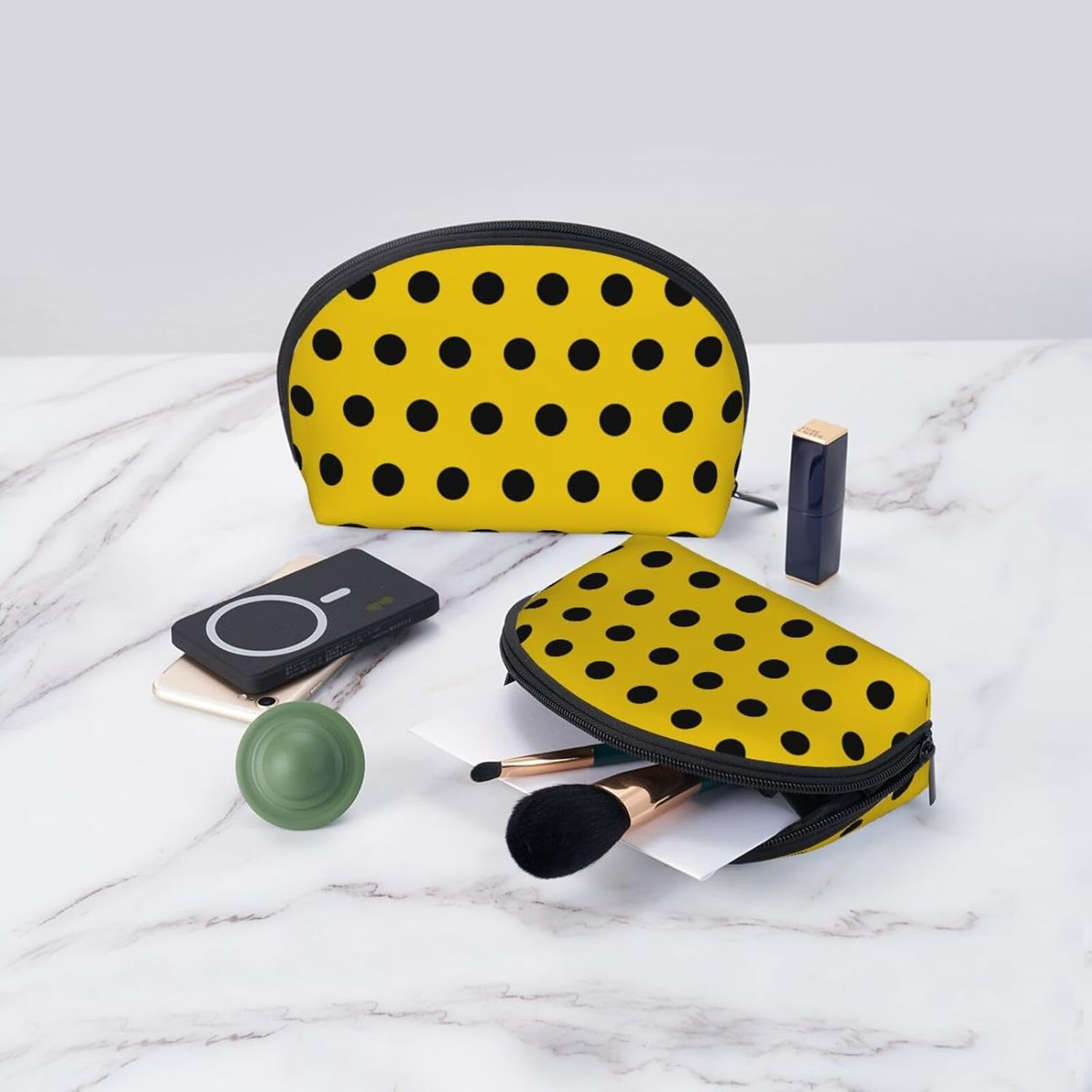Cozimangoe Coin Pouch Makeup Bags Set, 2 Piece Shell Shape Cosmetic Bag with Pockets for Daily Travel Handbag Lipstick Keys Toiletry, Personalized Black and Yellow Polka Dots image number 4