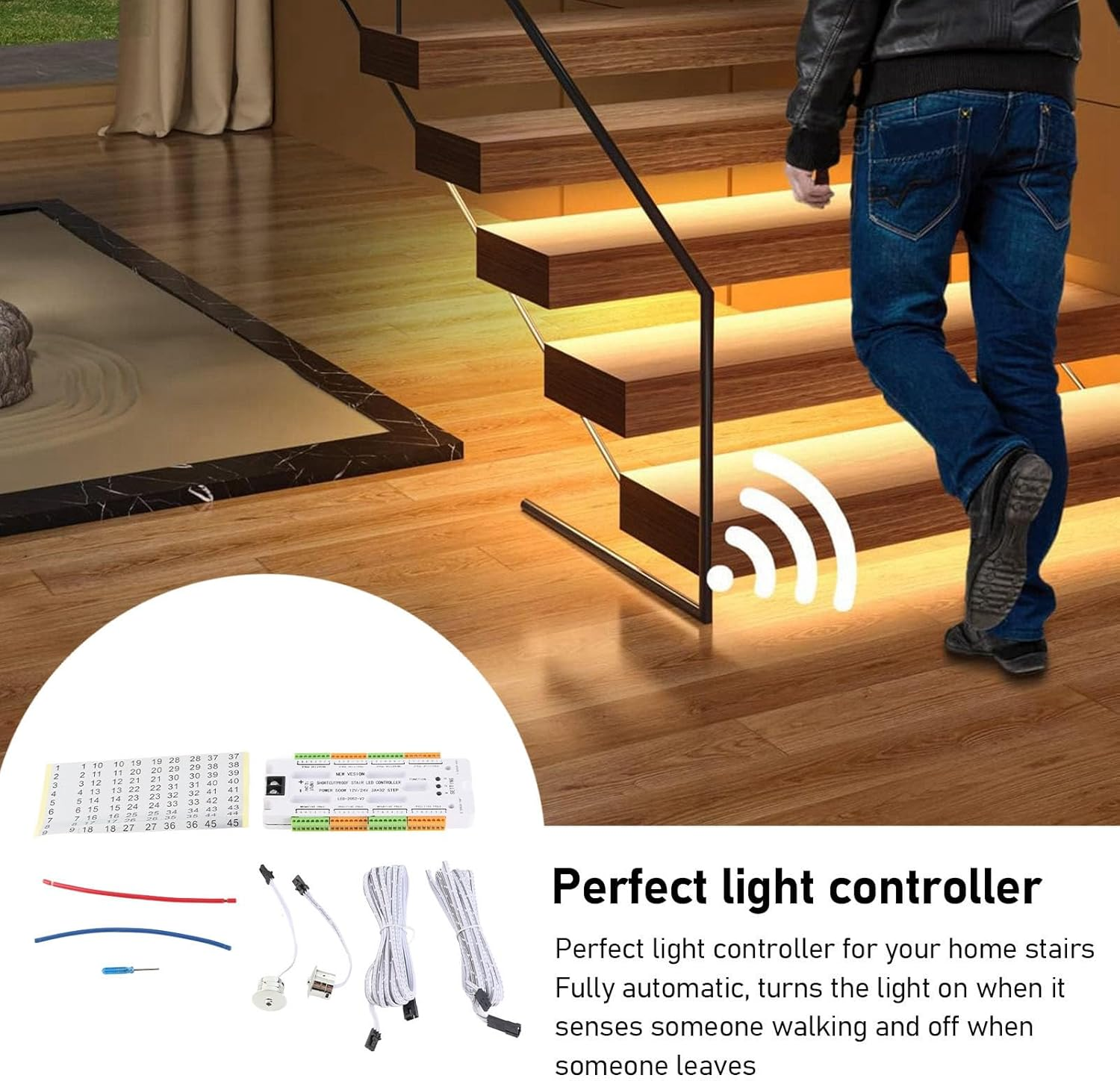 Motion Sensor LED Stair Light Controller, 4 Speed Level Adjustable LED Motion Sensor with anti Leakage System, 32 Groups Ports for Stairway Light image number 2