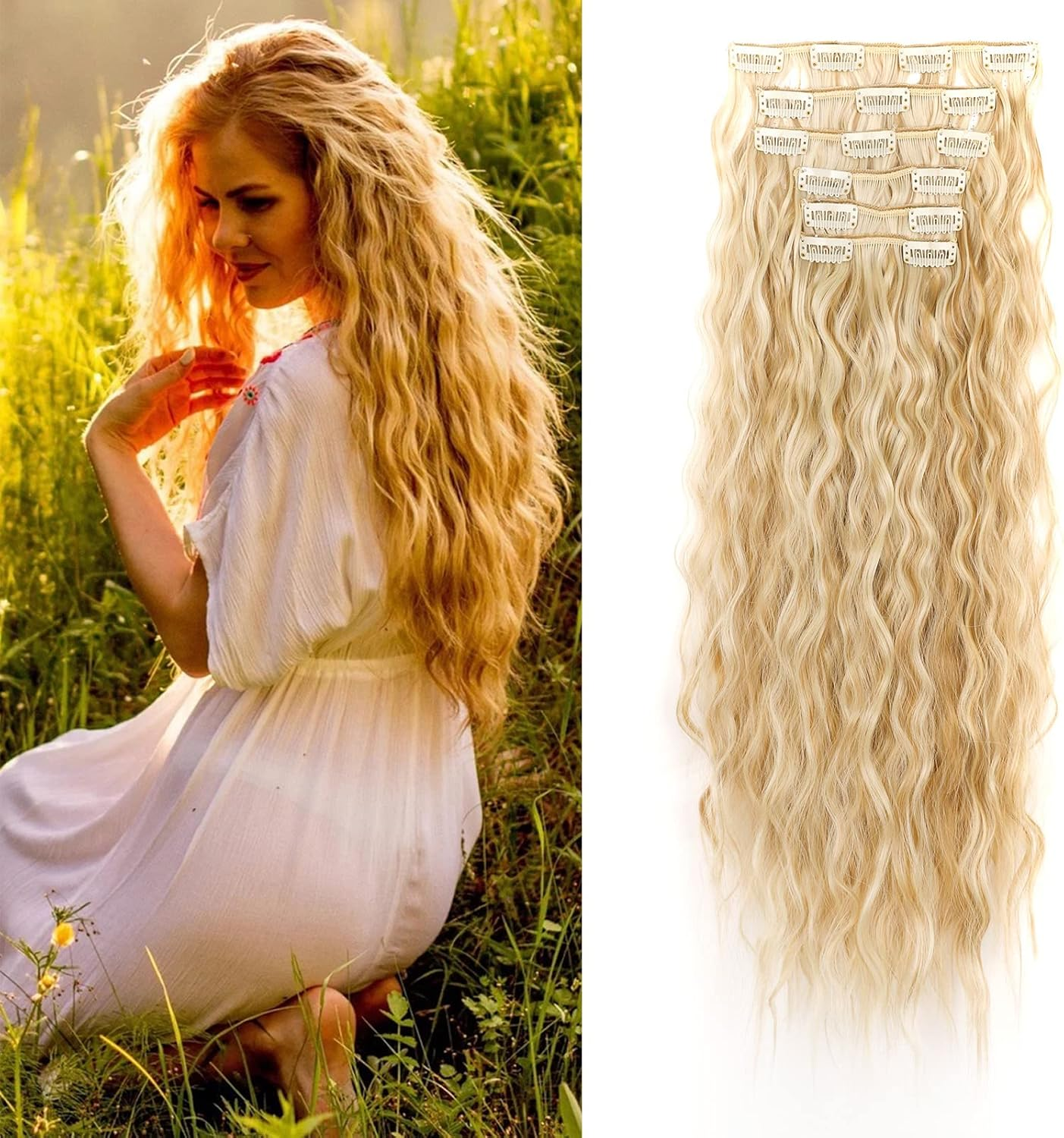 Cybelleza 50 Cm Clip-In Hair Extensions, Hairpiece like Real Hair, 6 Wefts, Wavy Cheap Hair Thickening, Curly, Wavy Curly Hair Extension, Synthetic Hair, Natural Blonde & Bleach Blonde image number 3