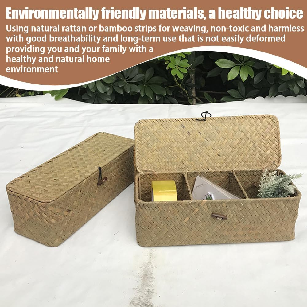 Seagrass Tank Basket with Lid Woven Toilet Roll Storage Basket with Sections Rectangular for Organize Snack Toys, Large Compartment, 16.5X4.7X4.3Inch image number 6