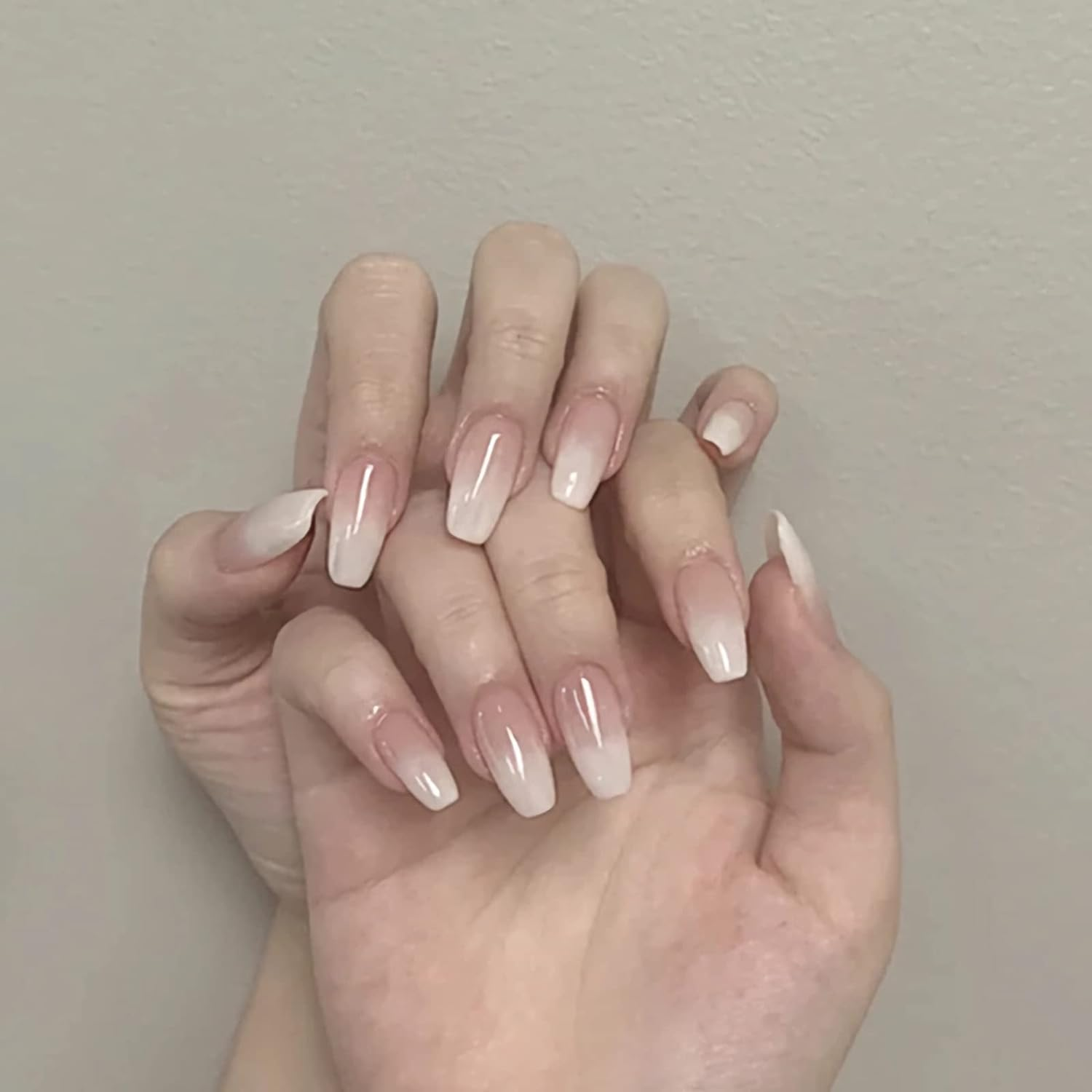 Medium Coffin Nude Gradient White Pink French Tip Fake False Press on Nails Milk Cap Acrylic Stick on Nail Kit with Glue for Christmas Mother&lsquo;S Valentine'S Day Spring image number 2