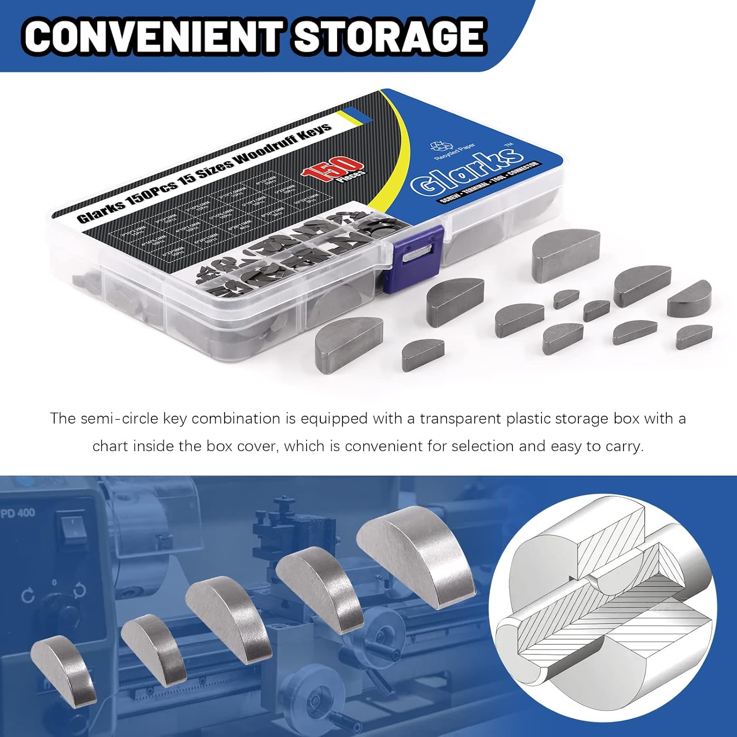 Glarks 150Pcs 15 Sizes Woodruff Keys Assortment Carbon Steel Semi-Circular Keys Set for Fasteners Mechanical Industry image number 6