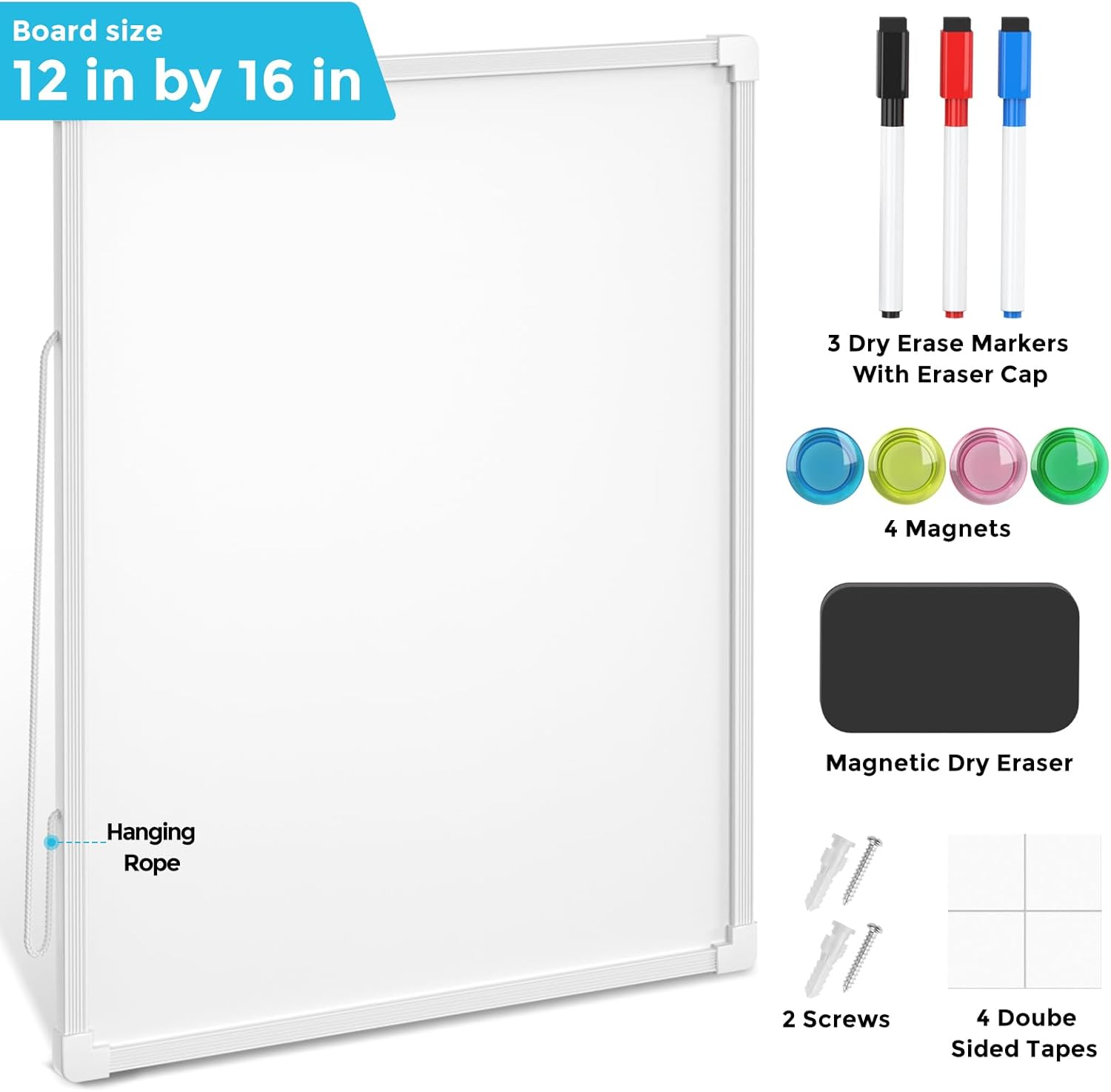 Double-Sided Dry Erase Board for Wall, 16"X12" Hanging Whiteboard, Small Dry Erase White Board with 3 Markers&4 Magnets, Portable Whiteboard for Students - Planning, Drawing, Memo, to Do List image number 3