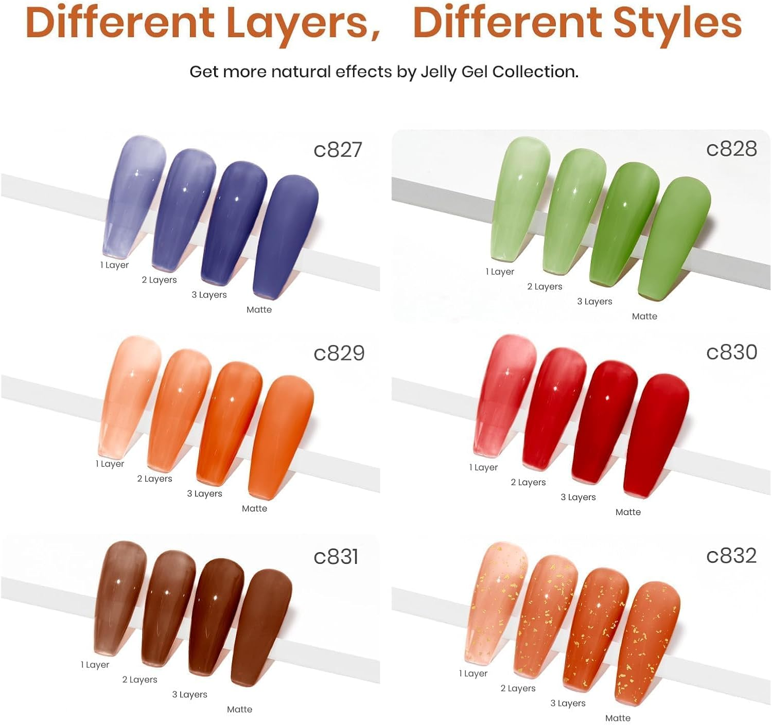 Beetles Gel Polish Jelly Gel Nail Polish 6 Colors Transparent Gel Polish Set Translucent Brown Red Blue Green Orange Spring Nails Soak off LED UV Curing Manicure Kit Women image number 4