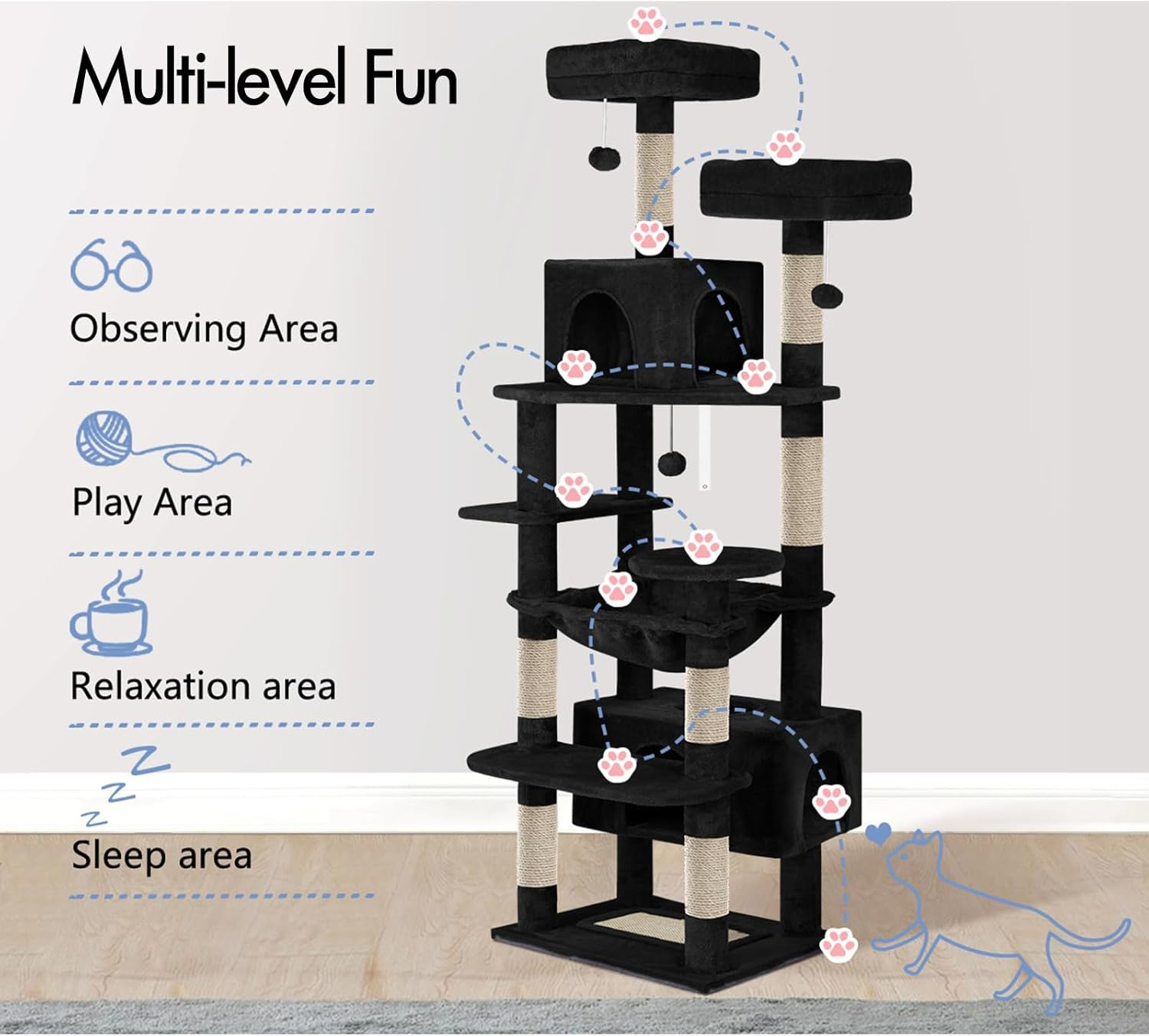 BEASTIE Cat Tree Play Tower 184Cm Tall, Multi-Level Kittens Scratching Post Tower with Scratching Pad, Multi-Story Pet Dens Condo Wood House Furniture with Sisal Scratcher Poles for Kitty, Black image number 5