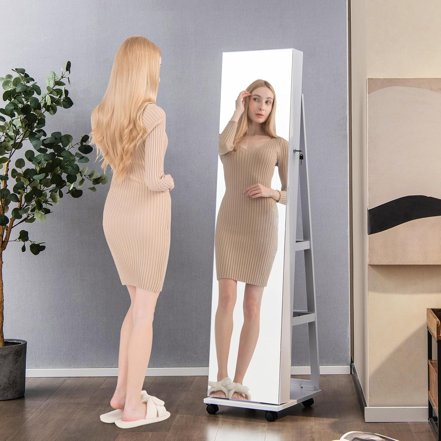 Costway Mirror Standing Jewelry Organizer, Cosmetic Storage Organizer with Lock, 3 Color LED Lights, Built-In Vanity Mirror, Universal Wheels, Freestanding Makeup Storage Cabinet image number 5