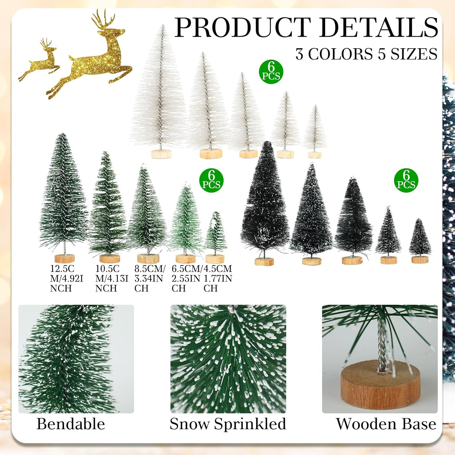 Riceshoot 90 Pcs Mini Christmas Trees with Wooden Base, 5 Sizes, 3 Colors, Artificial Sisal Silk Trees for Crafts, Table Decorations, Home, Office, Car