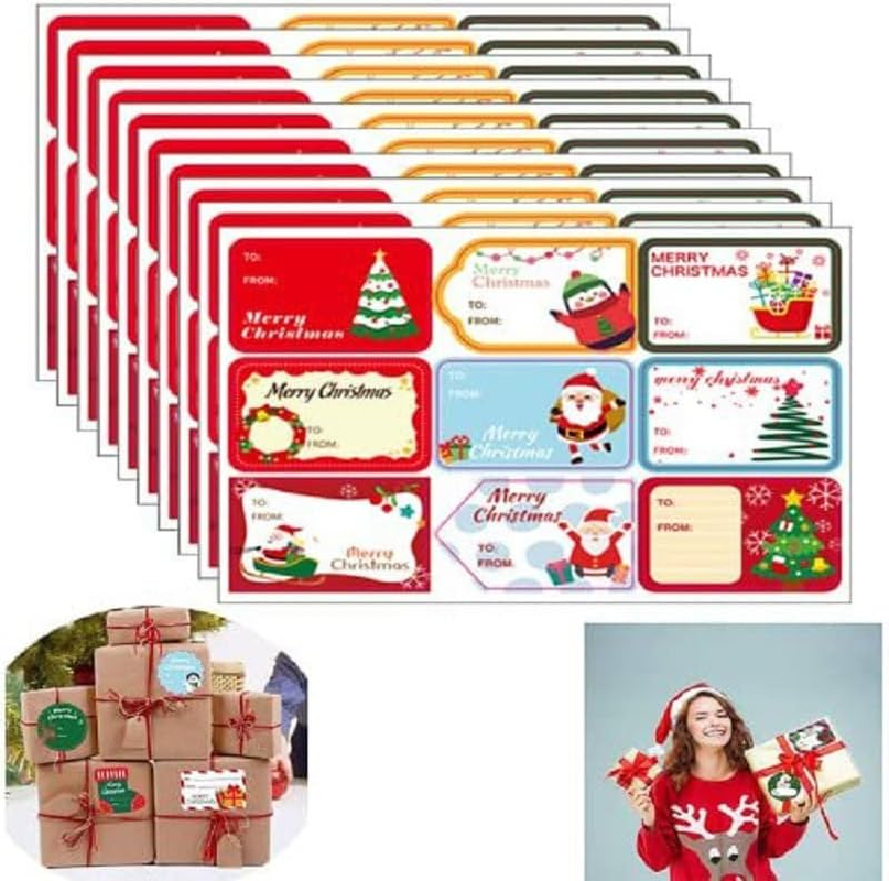 10Sheets 90Pieces Message Stickers Gift Tags, Self-Adhesive Santa, Snowmen, Xmas Tree, Deer, image number 1