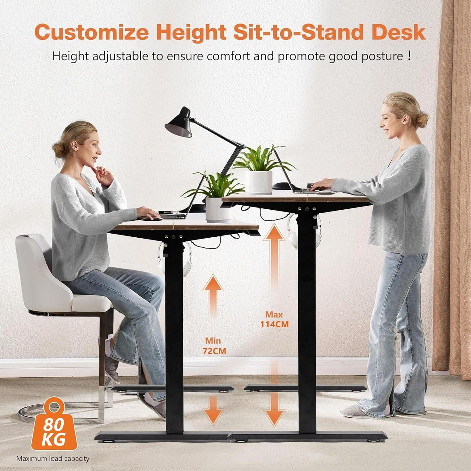 Electric Standing Desk - Motorized Height Adjustable Sit Stand Table with Touch Control Panel, Cable Management, and Headphone Hook - Ideal for Home Office (Black Frame+120Cm Brown Top)