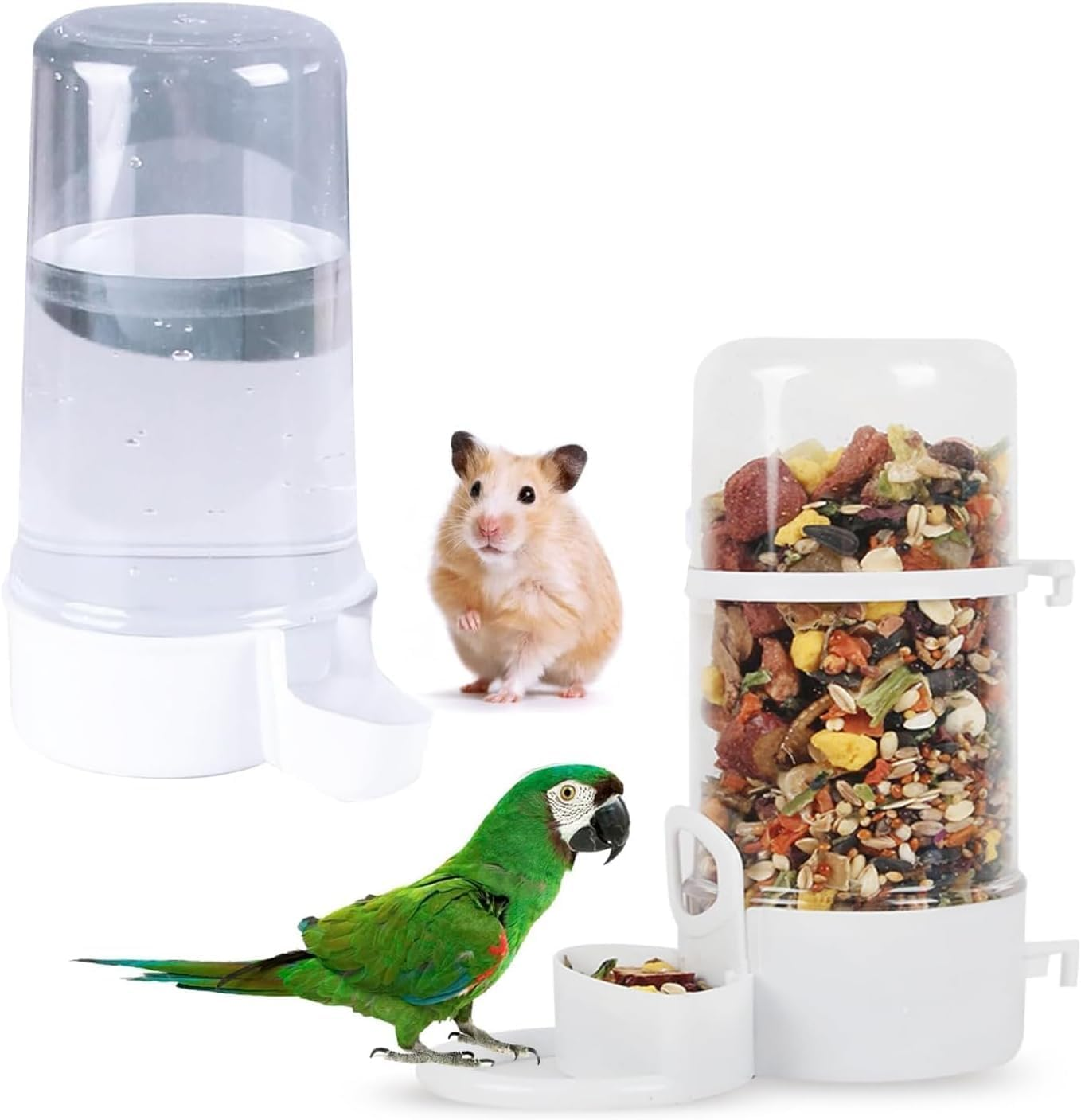 2 Pieces Bird Feeder Water Dispenser, Automatic Bird Feeder and Drinker Set for Cage, No Mess Hanging Parrot Food Bowl, Parakeet Cage Accessories for Hamsters,Pigeons,Parrot (A)