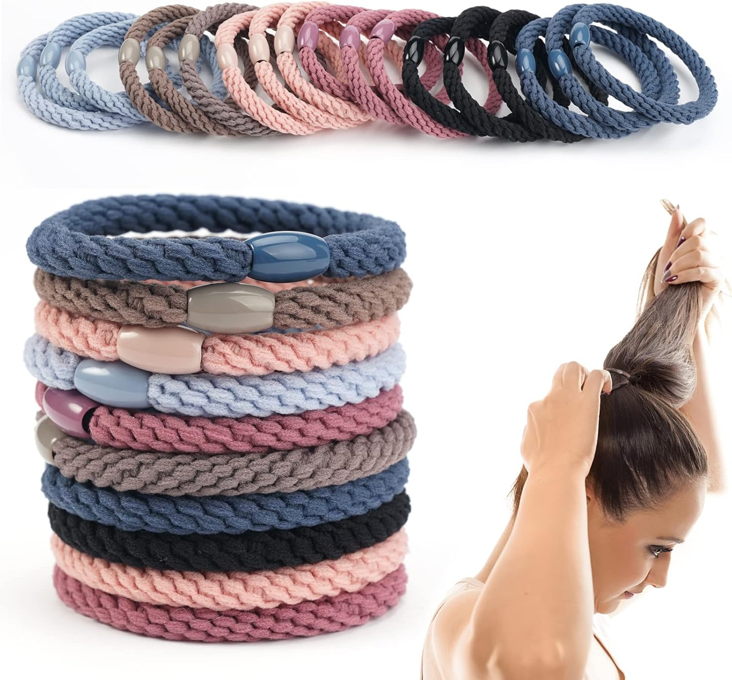 Pack of 18 Braided Hair Bobbles Cotton Multicoloured Braided Hair Bands Fashion Braided Elastic for Women/Girls/Children, Thick and Curly Hair (Mixed Colours) image number 1