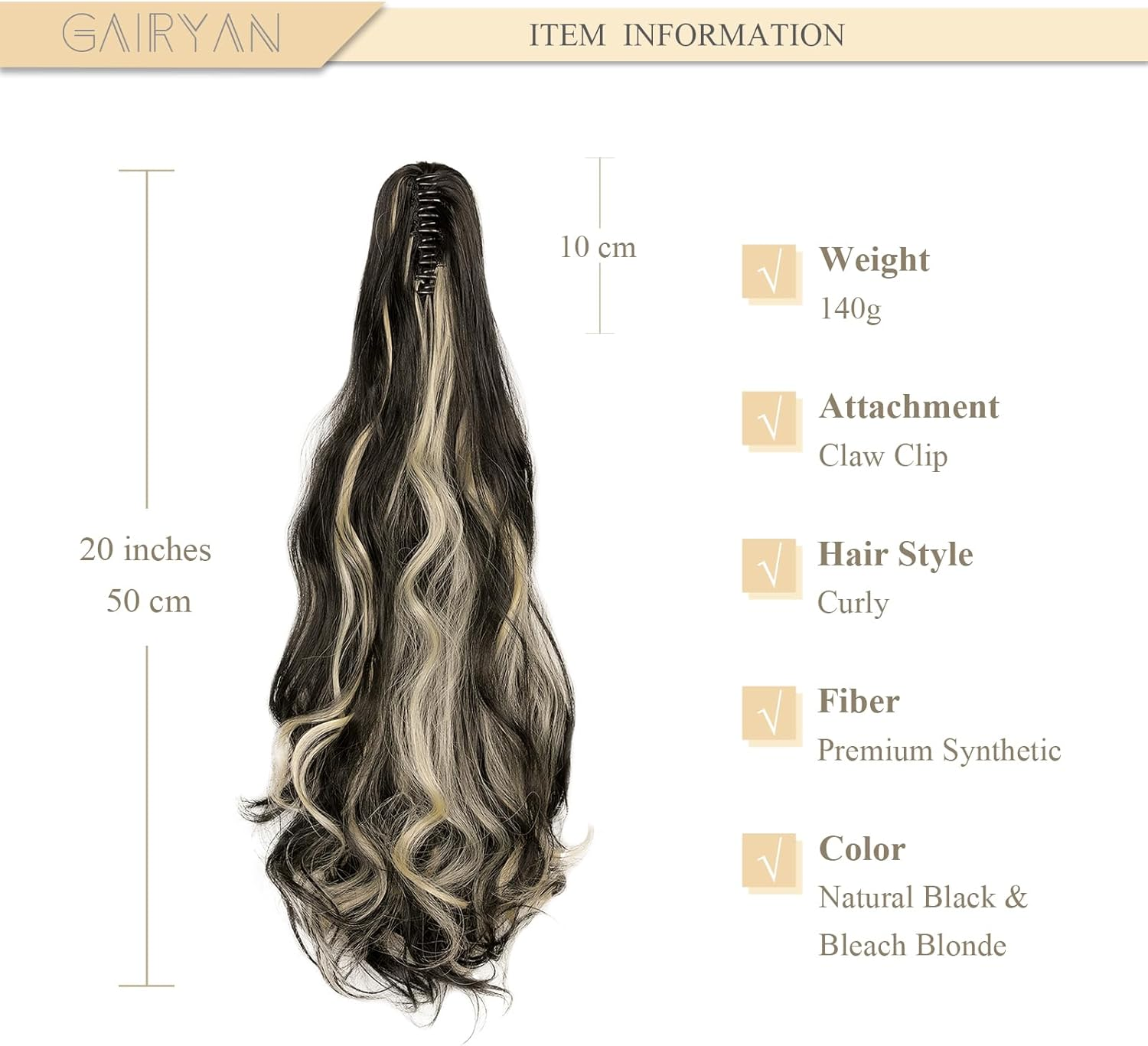 Gairyan 20Inch Ponytail Extension Clip in Ponytail Hair Extensions Curly Wavy Pony Tails Claw on Ponytail Long Wave Synthetic Hairpieces for Women Soft Real Look (Natural Black & Bleach Blonde) image number 5
