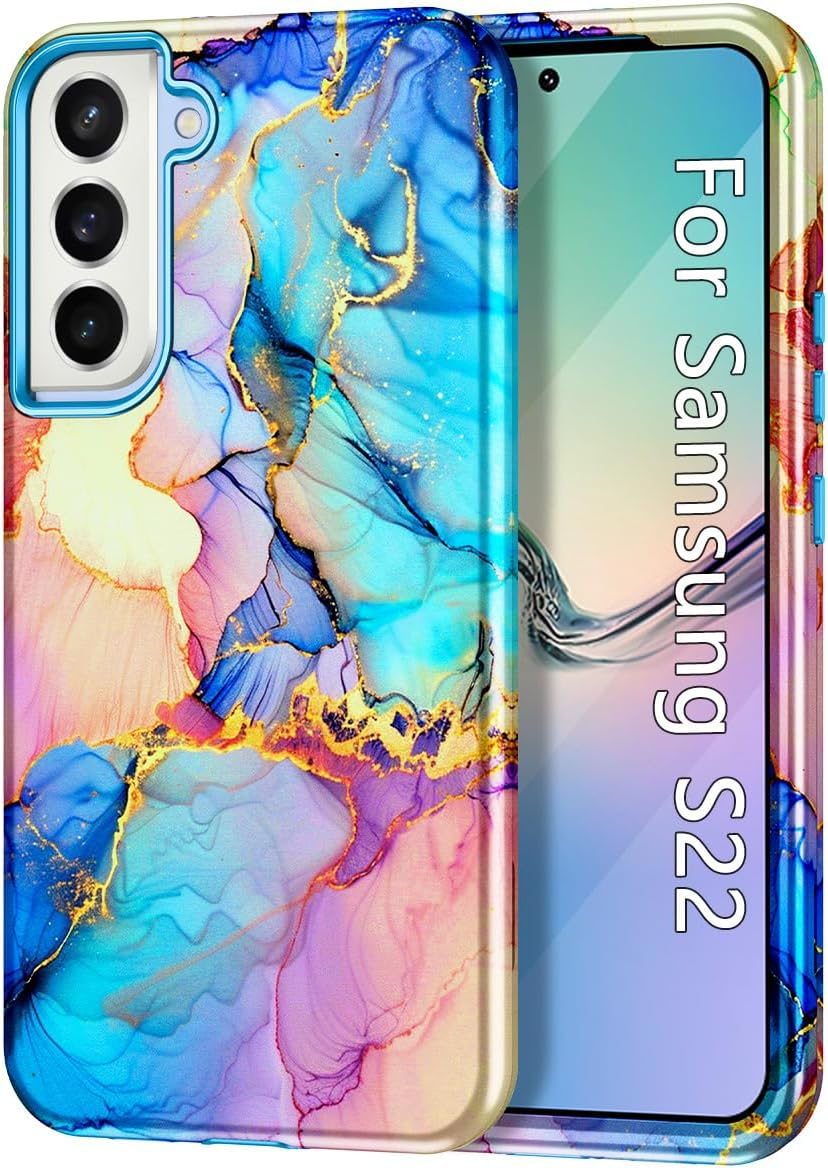 Btscase for Samsung Galaxy S22 5G Case,Marble Pattern 3 in 1 Heavy Duty Shockproof Full Body Rugged Hard Pc+Soft Silicone Drop Protective Women Girl Cover for Samsung Galaxy S22 6.1 Inch,Sky Blue