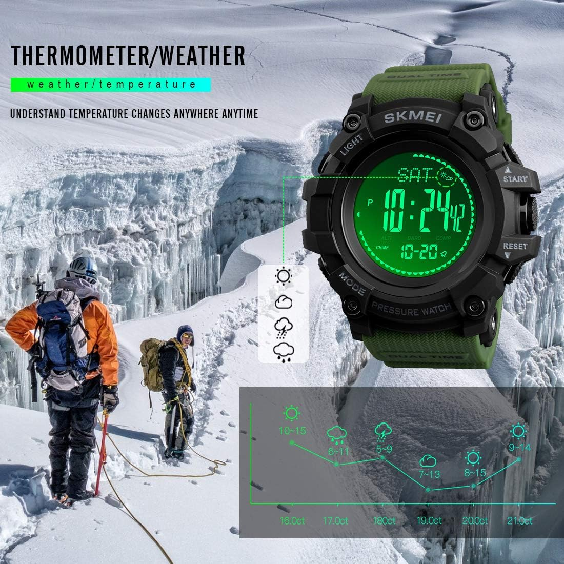 Compass Watch Army, Digital Outdoor Sports Watch for Men Women, Pedometer Altimeter Calories Barometer Temperature Waterproof image number 6