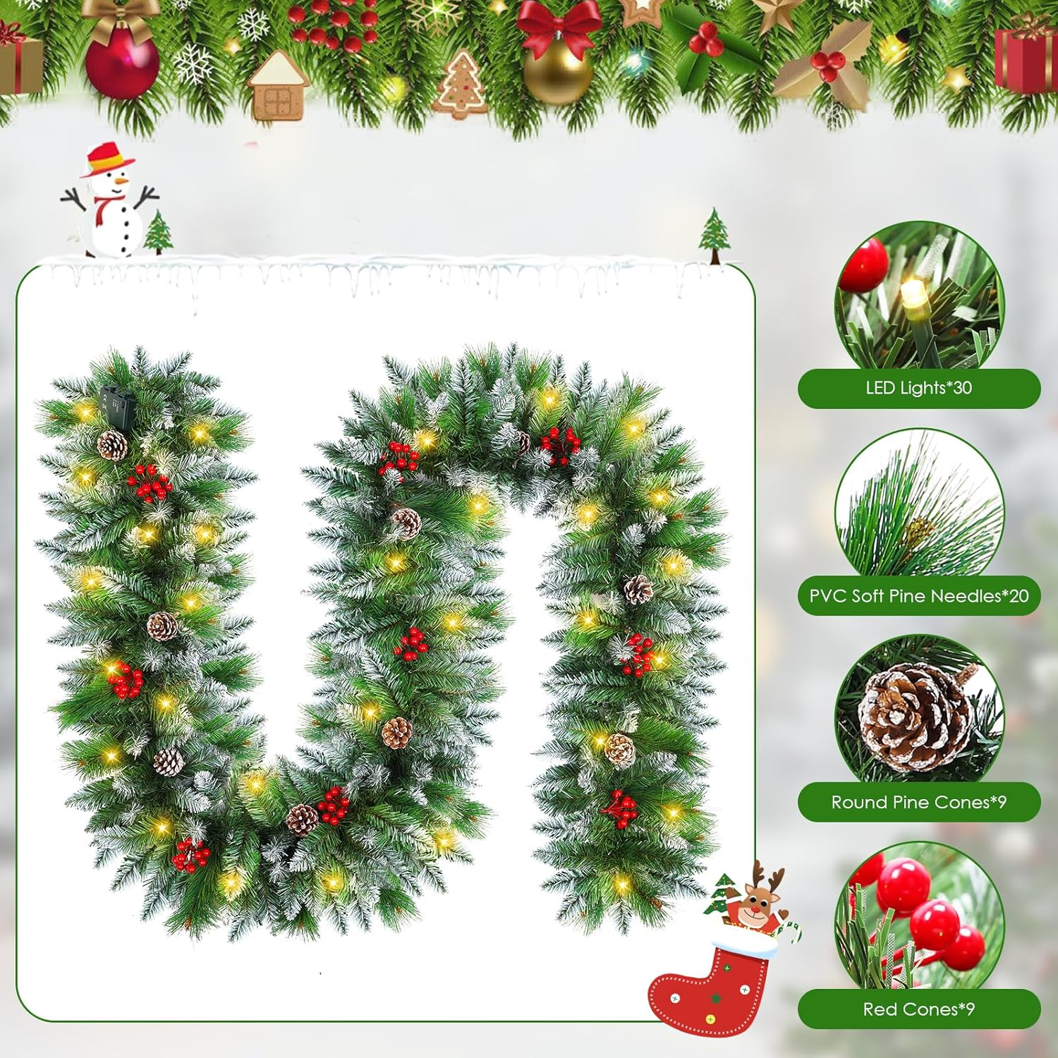 Christmas Garland, 270CM Valentine'S Day Wreaths with Battery Operated LED Lights Artificial Flower Vine for Front Door Home Stairs Fireplace Xmas Tree Indoor Outdoor Christmas Decor image number 1