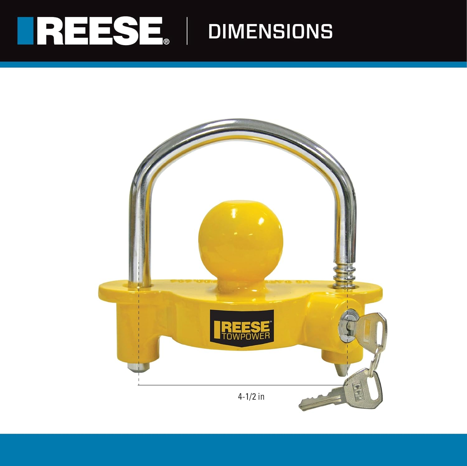 REESE Towpower 72783 Coupler Lock, Adjustable Storage Security, Heavy-Duty Steel, Yellow and Chrome
