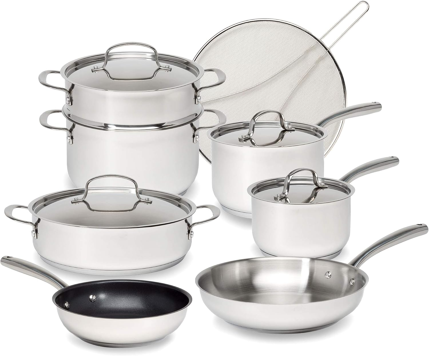 Goodful 12-Piece Classic Stainless Steel Cookware Set with Tri-Ply Base for Even Heating, Durable, Impact Bonded Pots and Pans, Dishwasher Safe Includes Non Stick Frying Pan, Chrome image number 1