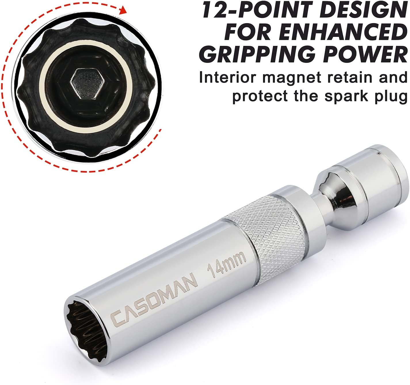 CASOMAN 6PCS 3/8-Inch Drive Magnetic Swivel Spark Plug Socket Set, Include 9/16-Inch, 5/8-Inch, 13/16-Inch, 14Mm Socket, Length: 4-Inch, 6-Inch, 11-Inch, 12-Point, CR-V