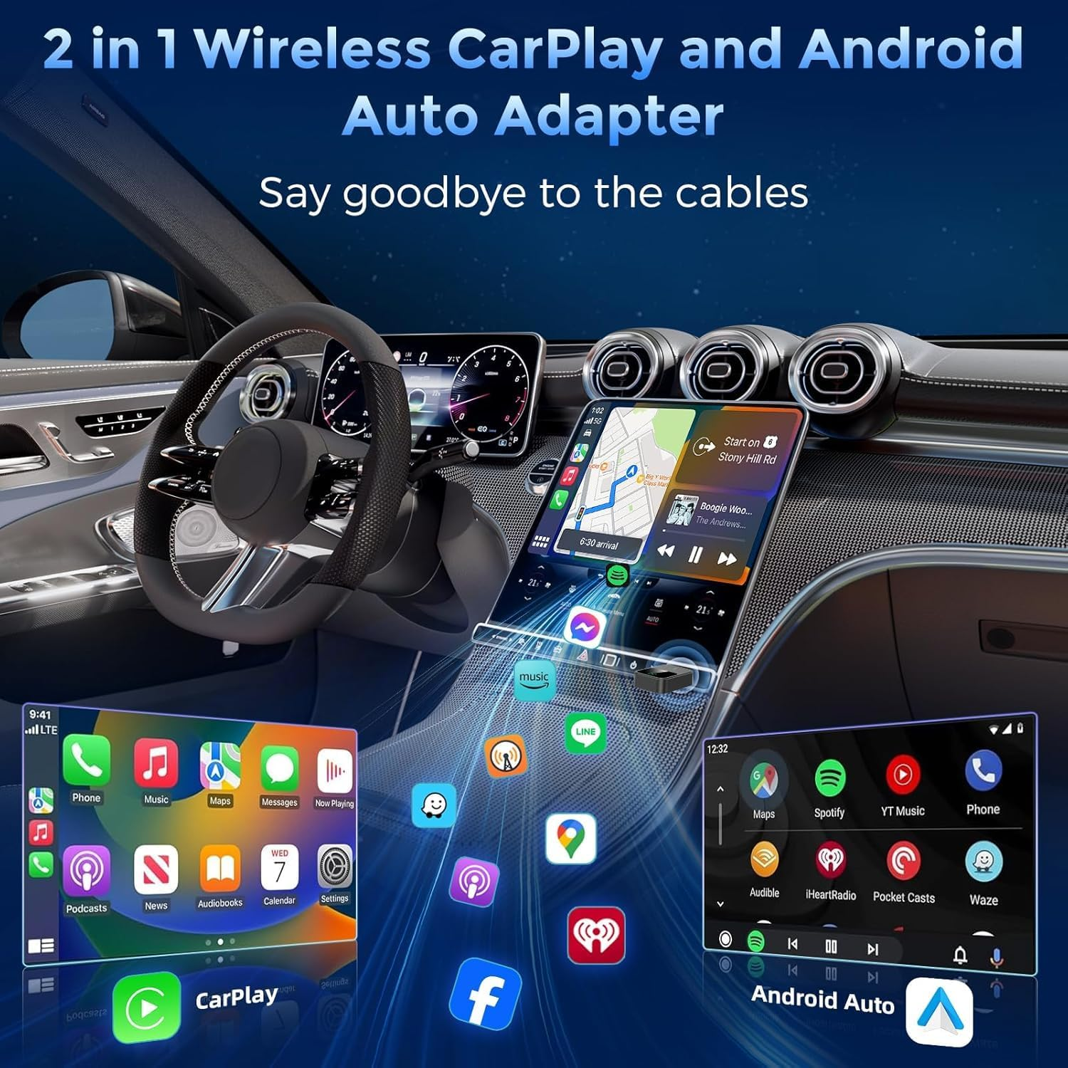 2-In-1 Wireless Carplay Adapter&ndash; Android Auto Wireless Adapter with 1-Tap Switch & Reset, Convert Wired to Wireless with USB & Type-C, Plug & Play Stable Control & No Delay Car Play image number 6