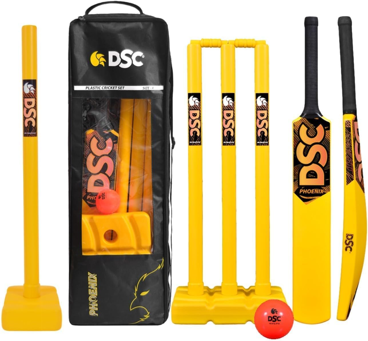 DSC Phoenix Plastic Cricket Set for Kids (Yellow, Size: 6) | Includes 4 Plastic Stumps + 2 Base + 2 Bails + 1 PVC Ball | Lightweight | Free Cover | Ready to Play | for Kids image number 5