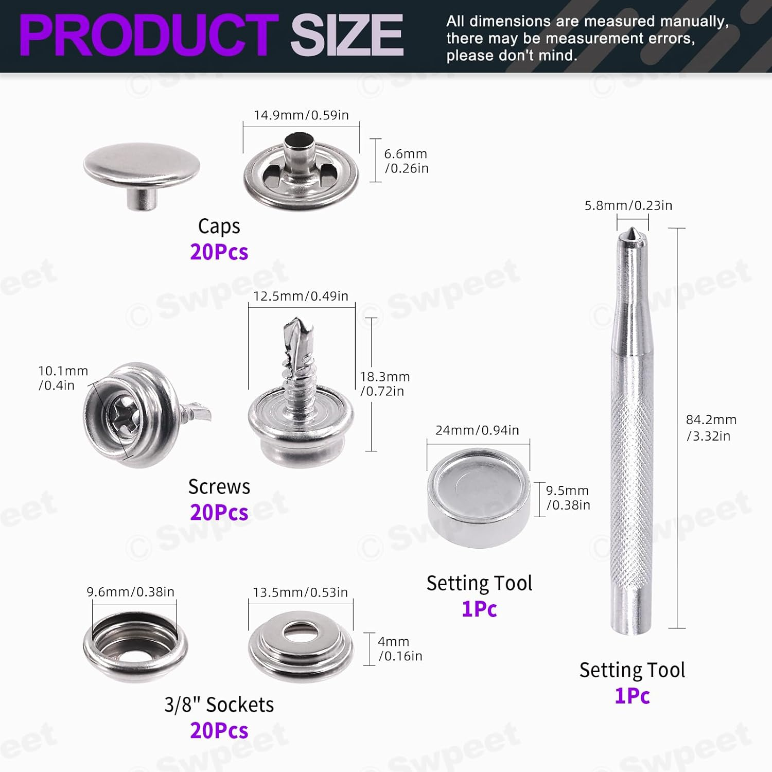 Swpeet 122Pcs Canvas Snap Kit, Stainless Steel Marine Grade Canvas and Upholstery Boat Cover Snap Button Fastener Kit Including 3/8" Sockets 13Mm Metal Screws Caps Anvil 3" Flaring Tool for Boat Cover