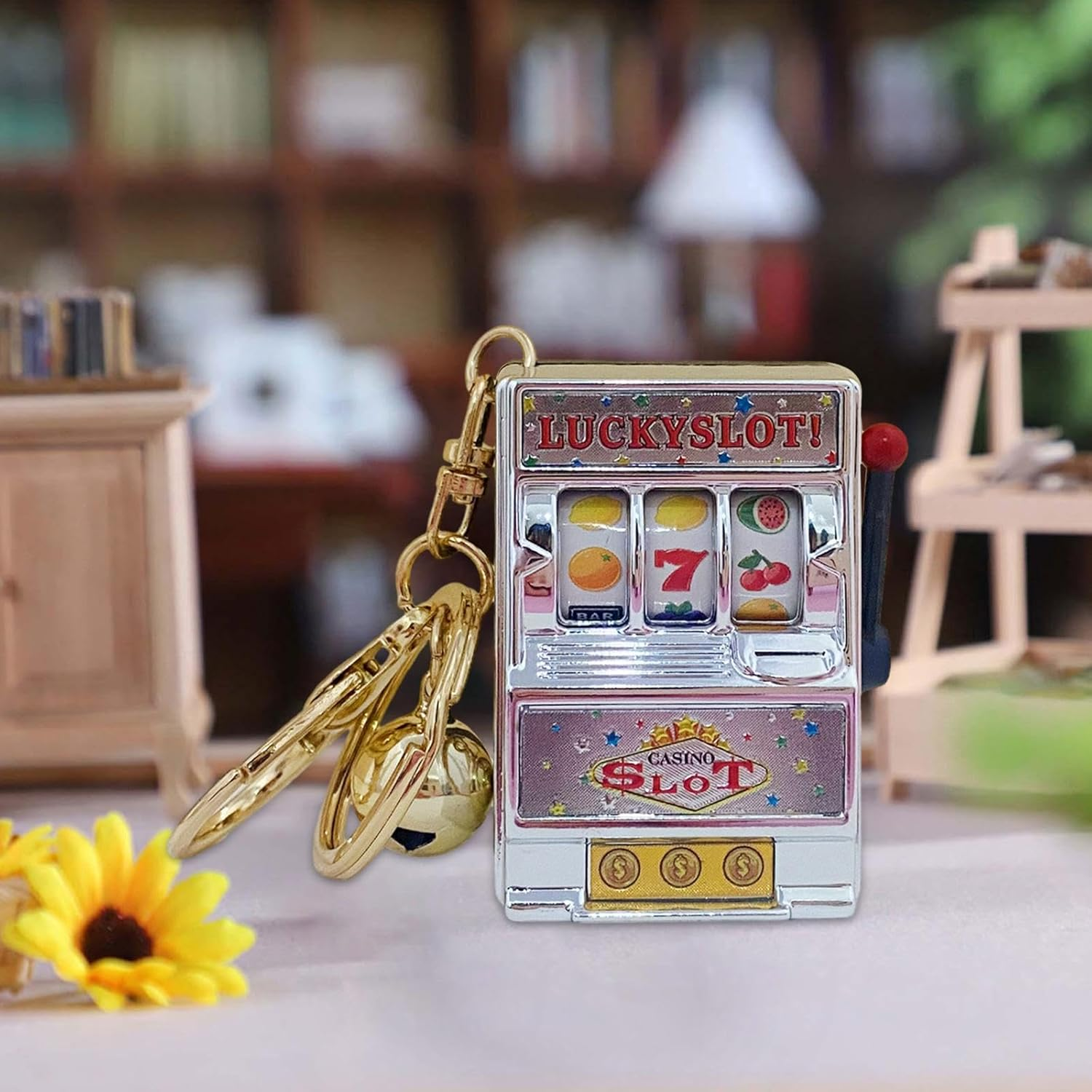 Mini Slot Machine Toy Keychain Mini Arcade Game Toy, Novelty with Bell Portable Fruit Machine Slot Pendant Gaming Gifts for Women Boys, Argent image number 4