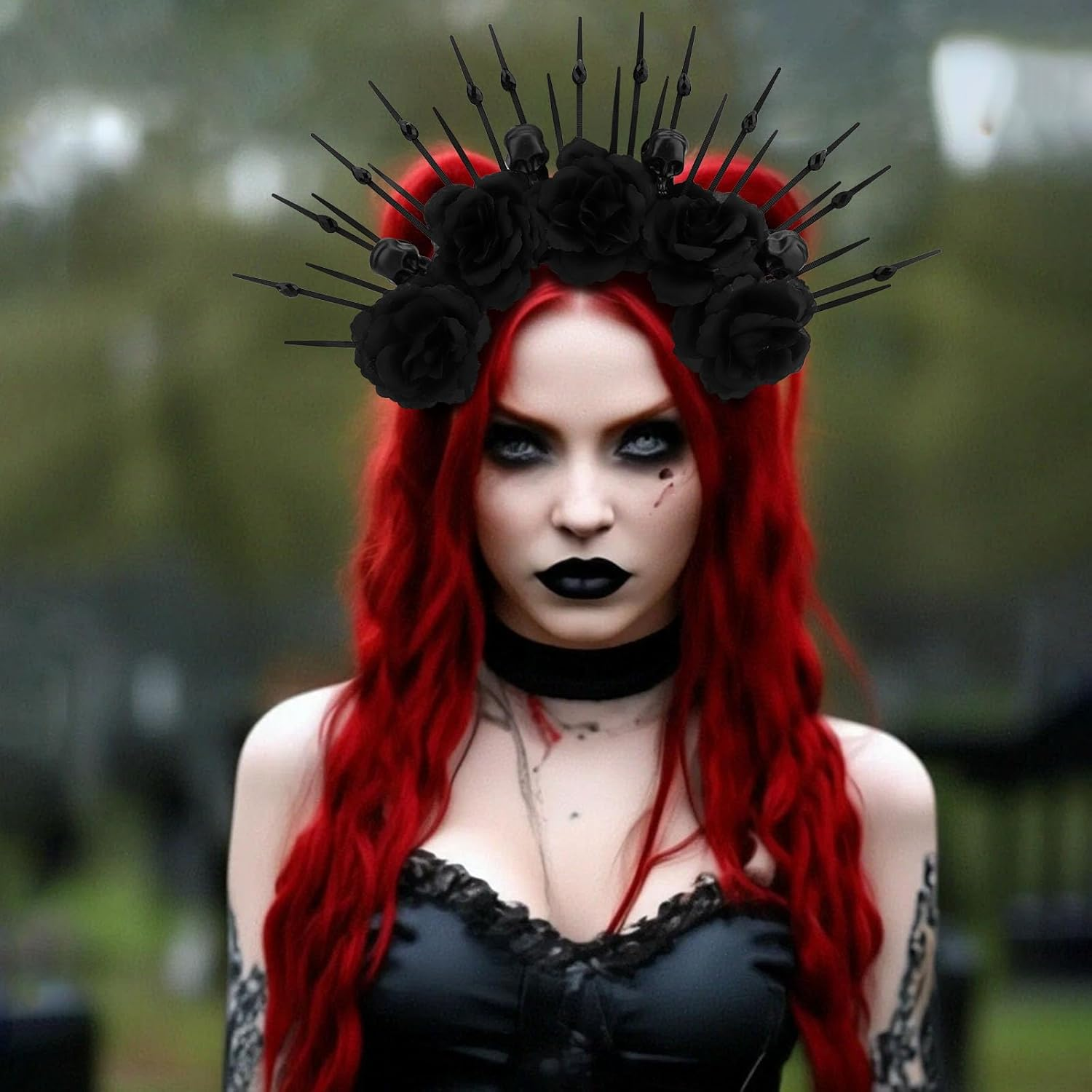 Vovii Black Halo Headband for Women Hair Accessory Halloween Costume, Gothic Rose Flower Crown Goddess Headpiece with Skull for Dark Day of the Dead Outfit image number 6