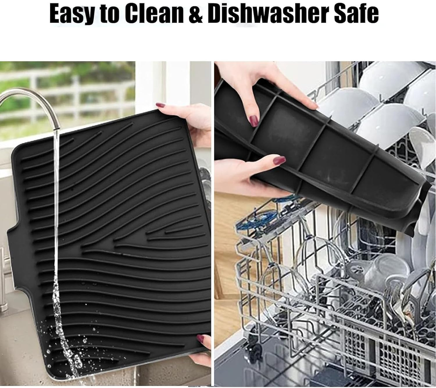 Premium Silicone Dish Drying Mat for Kitchen Sink | Non-Slip Drainage Pad with Integrated Water Channels | Heat-Resistant Stone Texture | Protects Countertops | 40X33Cm (Black) image number 2