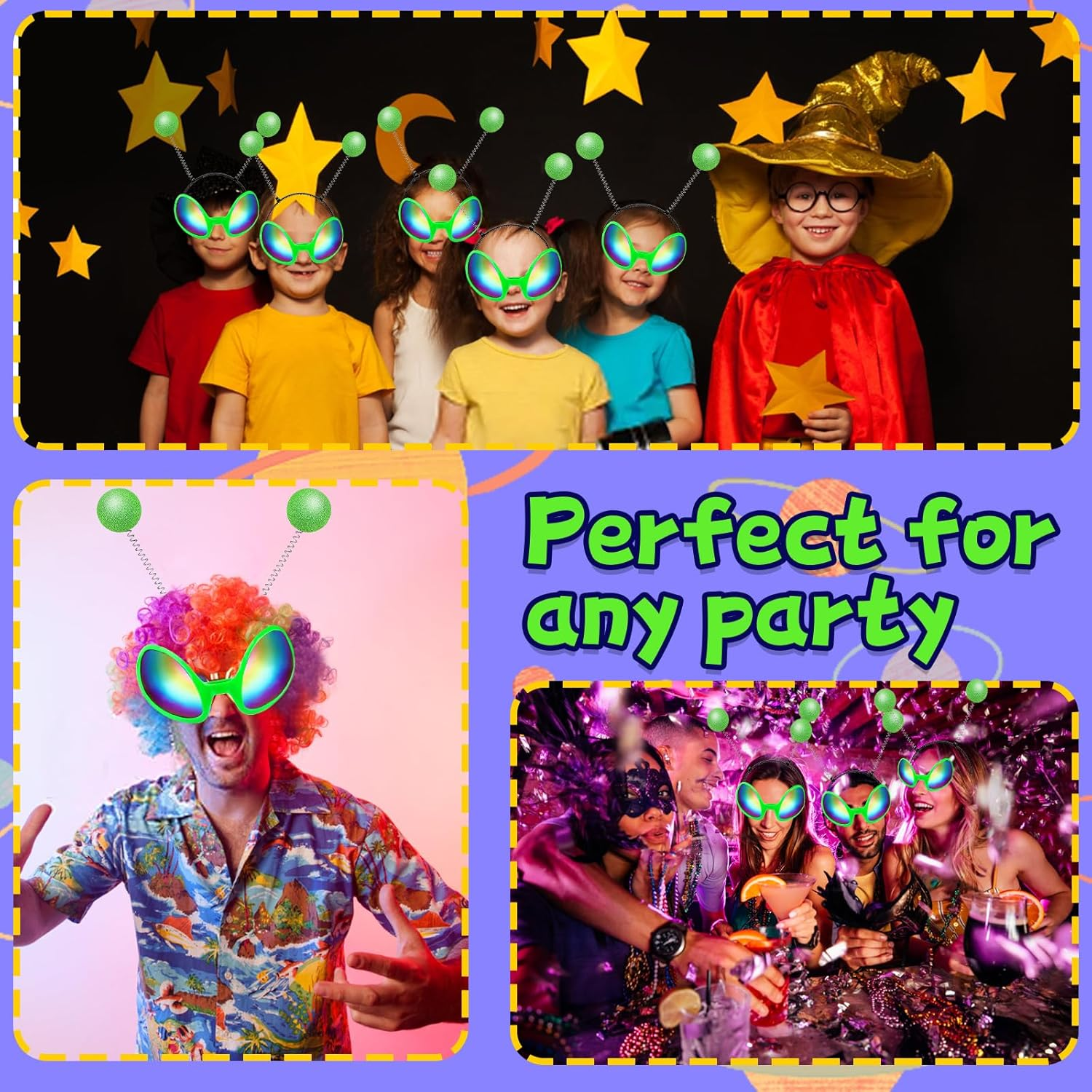 Pack of 2 Alien Glasses Costume Sunglasses, 2 Pieces Funny Martian Antenna Headband, Party Glasses, Decorative Alien Space Costume Cosplay Party Rave Accessories Halloween Carnival, Green, One image number 6