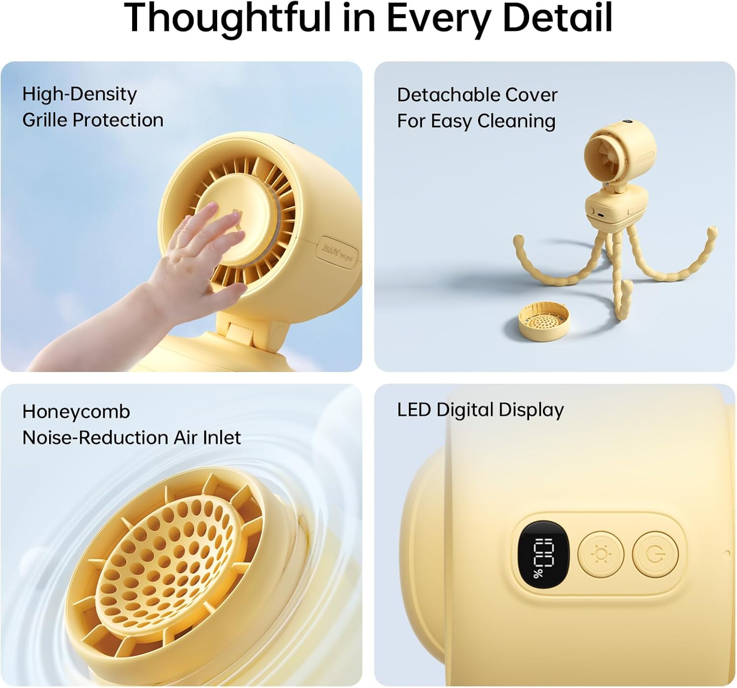 JISULIFE 2026 Stroller Fan &ndash; Small & Stylish with 38H Cooling, Soft Night Light, One‑Click Detachable for Stroller or Desk, Safe Baby Fan for Crib Car Seat Nursery Travel, Gifts for Baby Mom (Yellow) - Blue image number 3