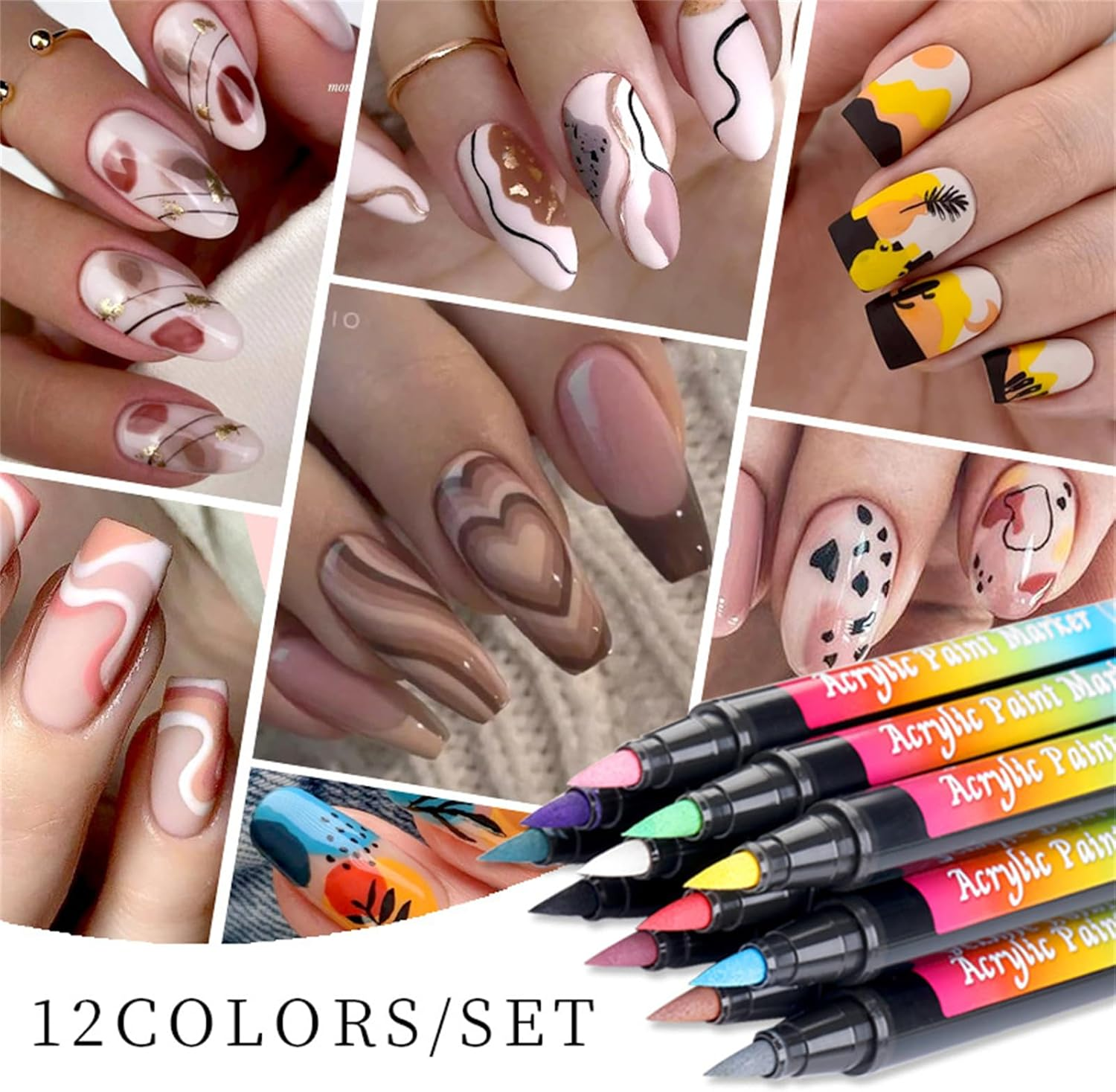 Roseflower 12 Color 3D Nail Art Pens Set, Acrylic Paint Pens,Nail Art Painting Pen Nail Art Graffiti Pen Quick-Drying Waterproof Nail Point Graffiti Dotting Pen for Nail DIY Dot Line Flower Pattern#2 image number 3