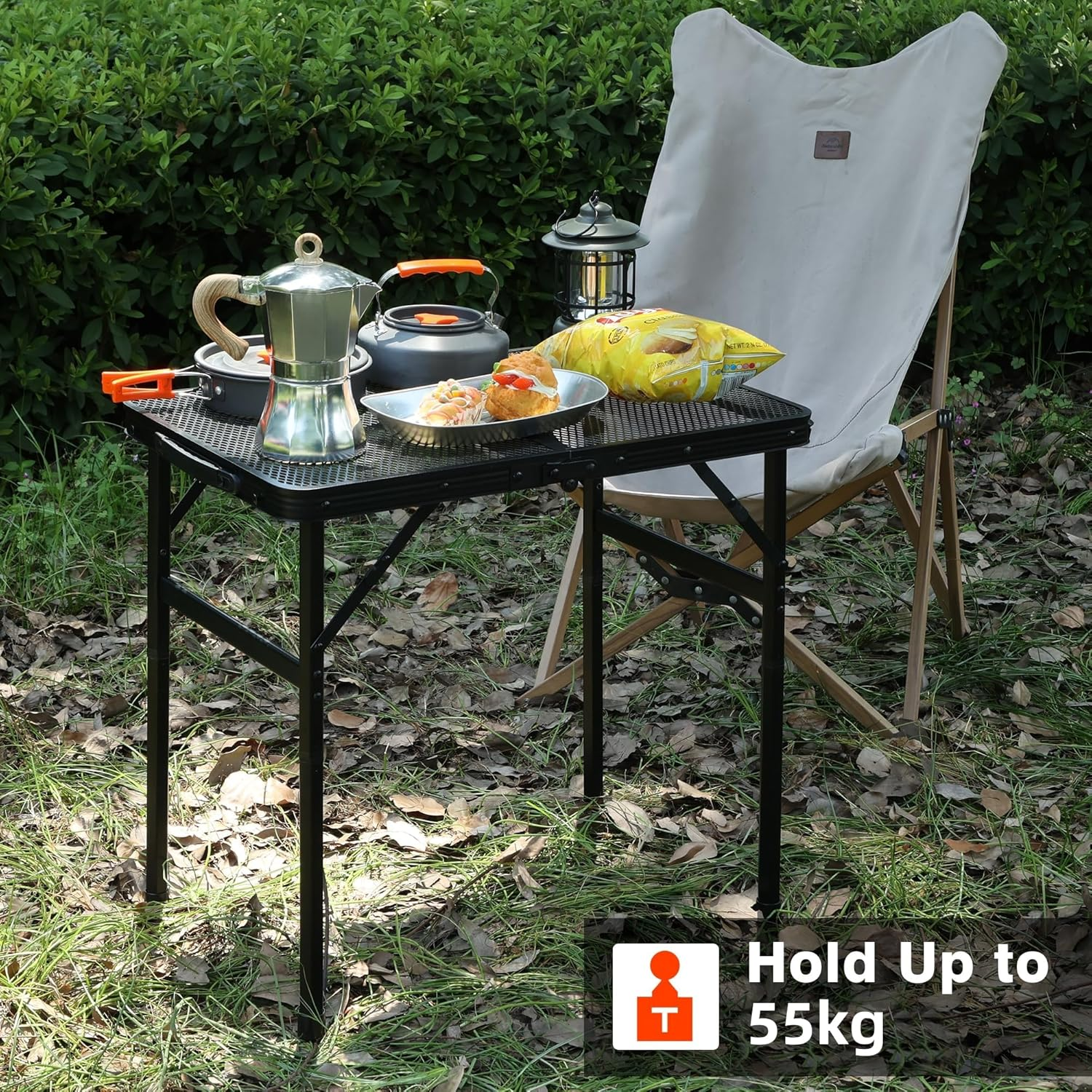 FORYUSE Folding Camping Table 60X40Cm Portable Lightweight Height Adjustable Metal Mesh Desktop Bag Side-Pocket Carry Handle for Outdoor Picnic Grill BBQ Beach