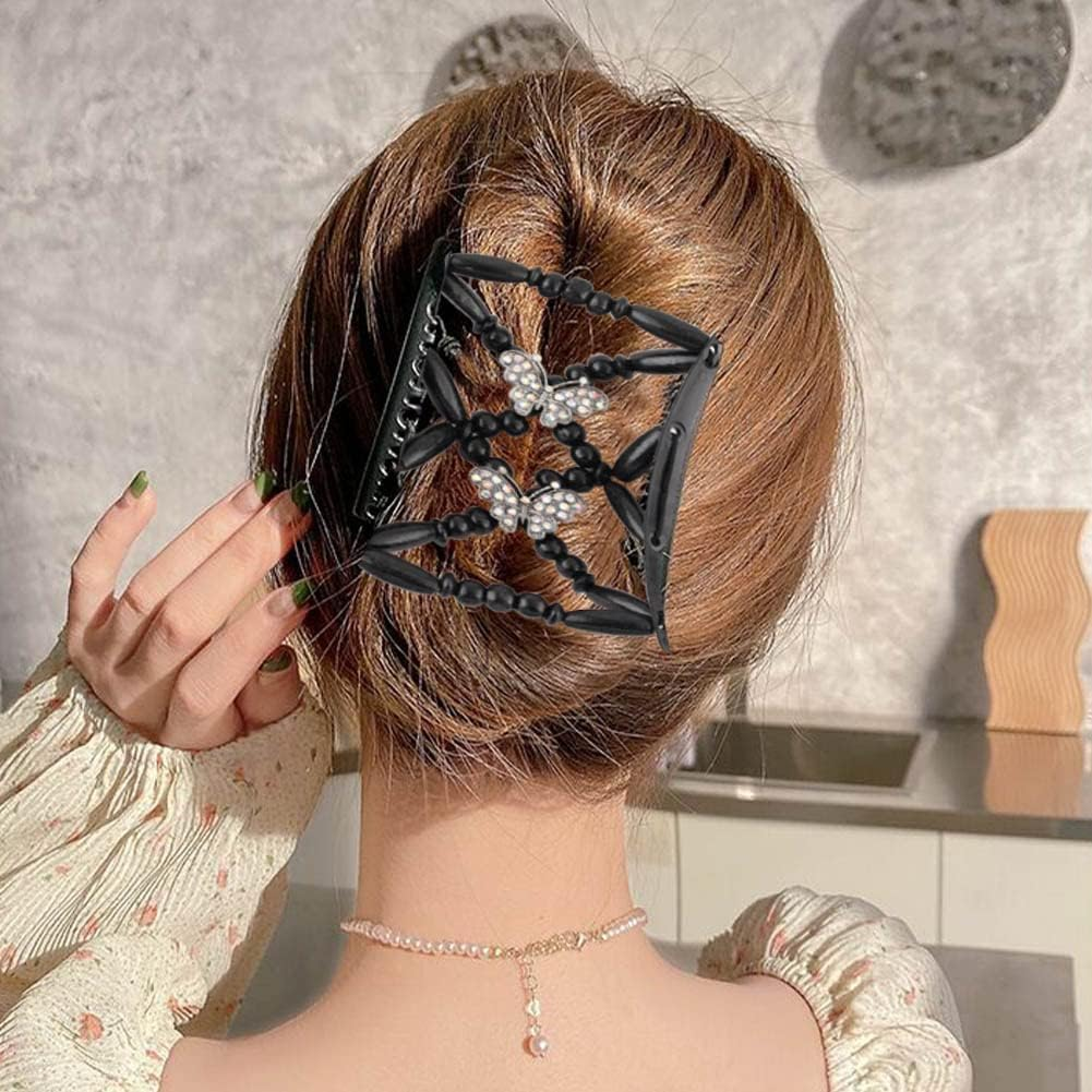 2 Pieces Magic Hair Side Combs Beaded Stretch Double Clips Bun Maker Hair Combs DIY Hair Styling Headwear (Butterfly, Black + White) - Butterfly 3Pcs image number 4