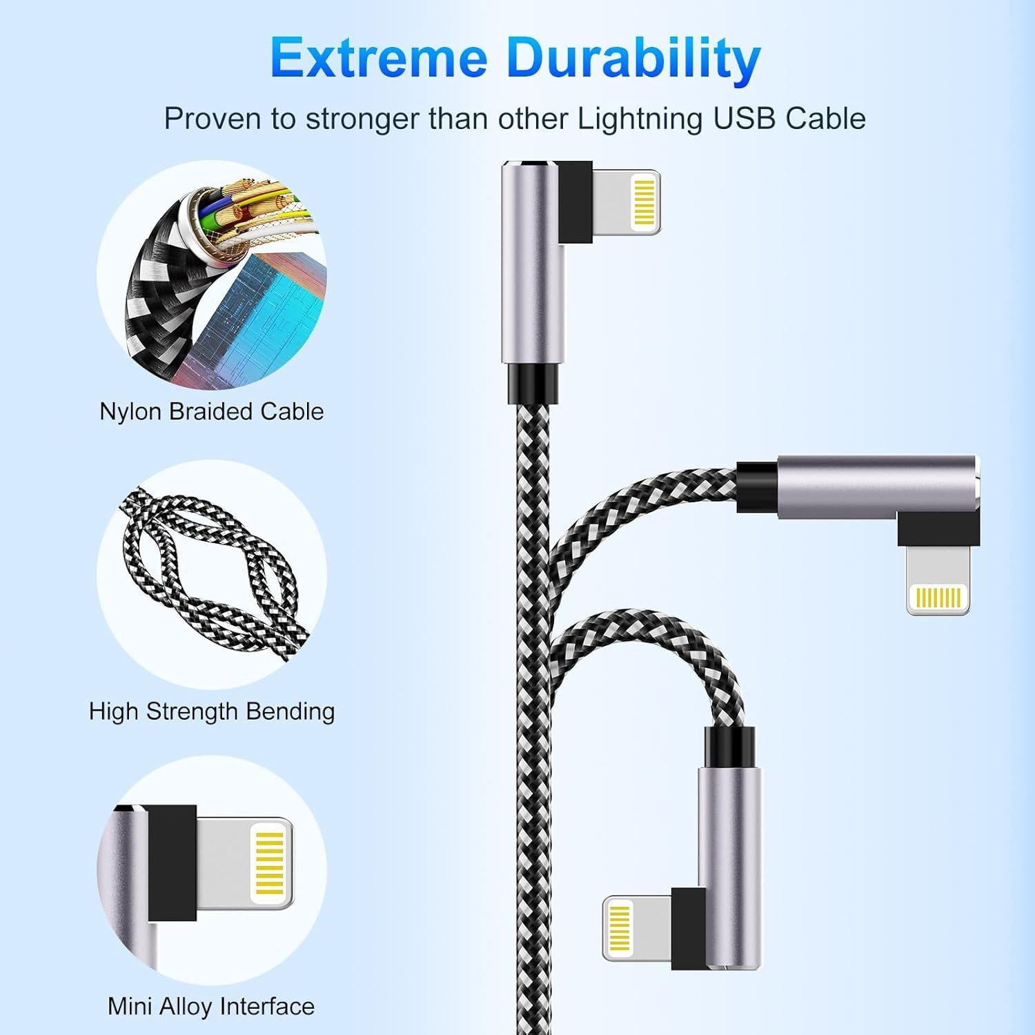 90 Degree Iphone Charger 3 Pack, [Apple Mfi Certified] Fast Charging Cables Cord 6.6FT*2 + 10FT, Right Angle Nylon Braided USB Lightning Cable for Iphone 14/13/12/11/Pro/Max/X/Plus/8/7/6/Plus/Ipad image number 4
