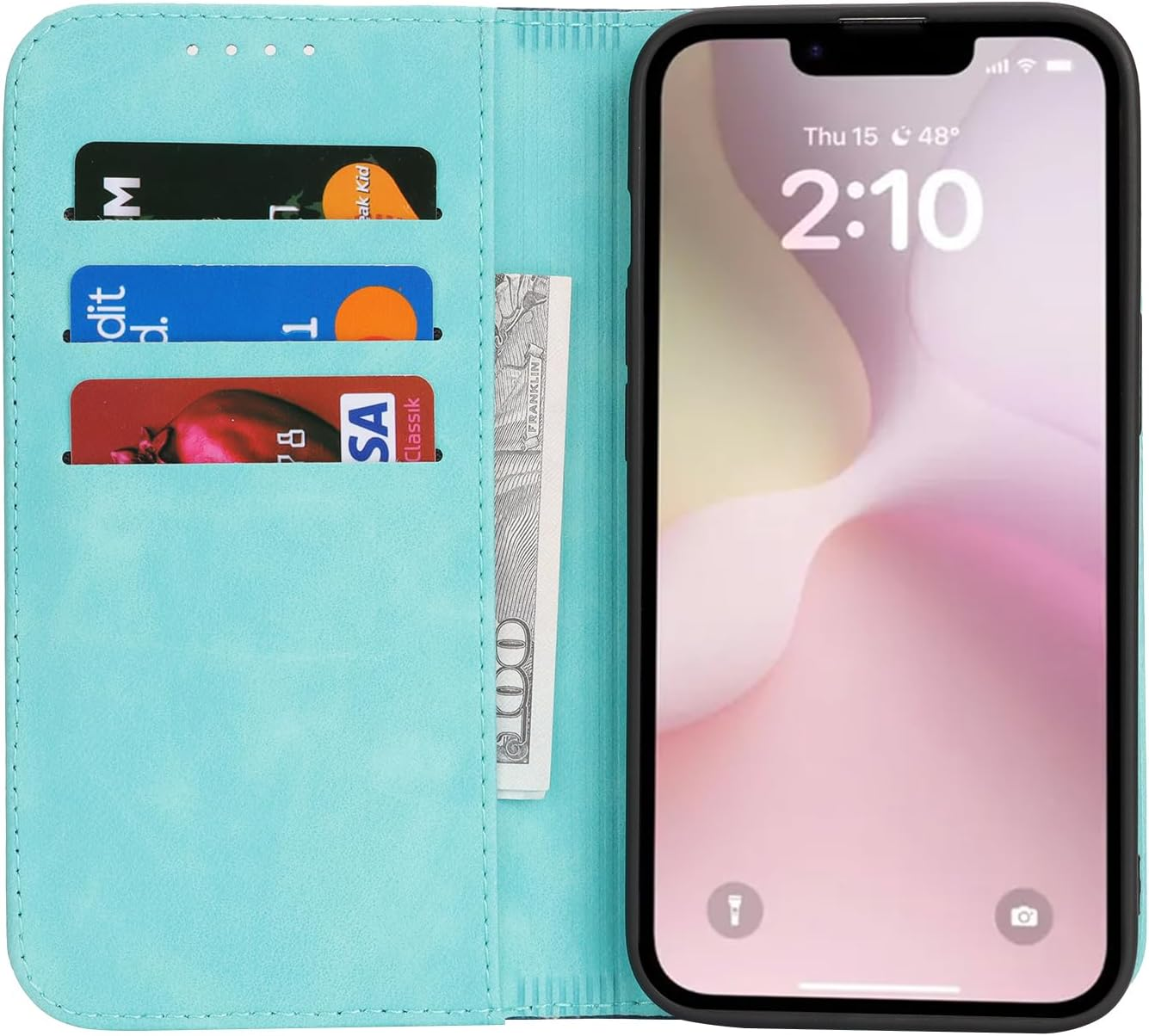 Cavor for Iphone 16E Case,Premium Leather Folio Flip Wallet Case Cover Magnetic Closure Book Design with Kickstand Feature & Card Slots(6.1")-Sky Blue image number 7