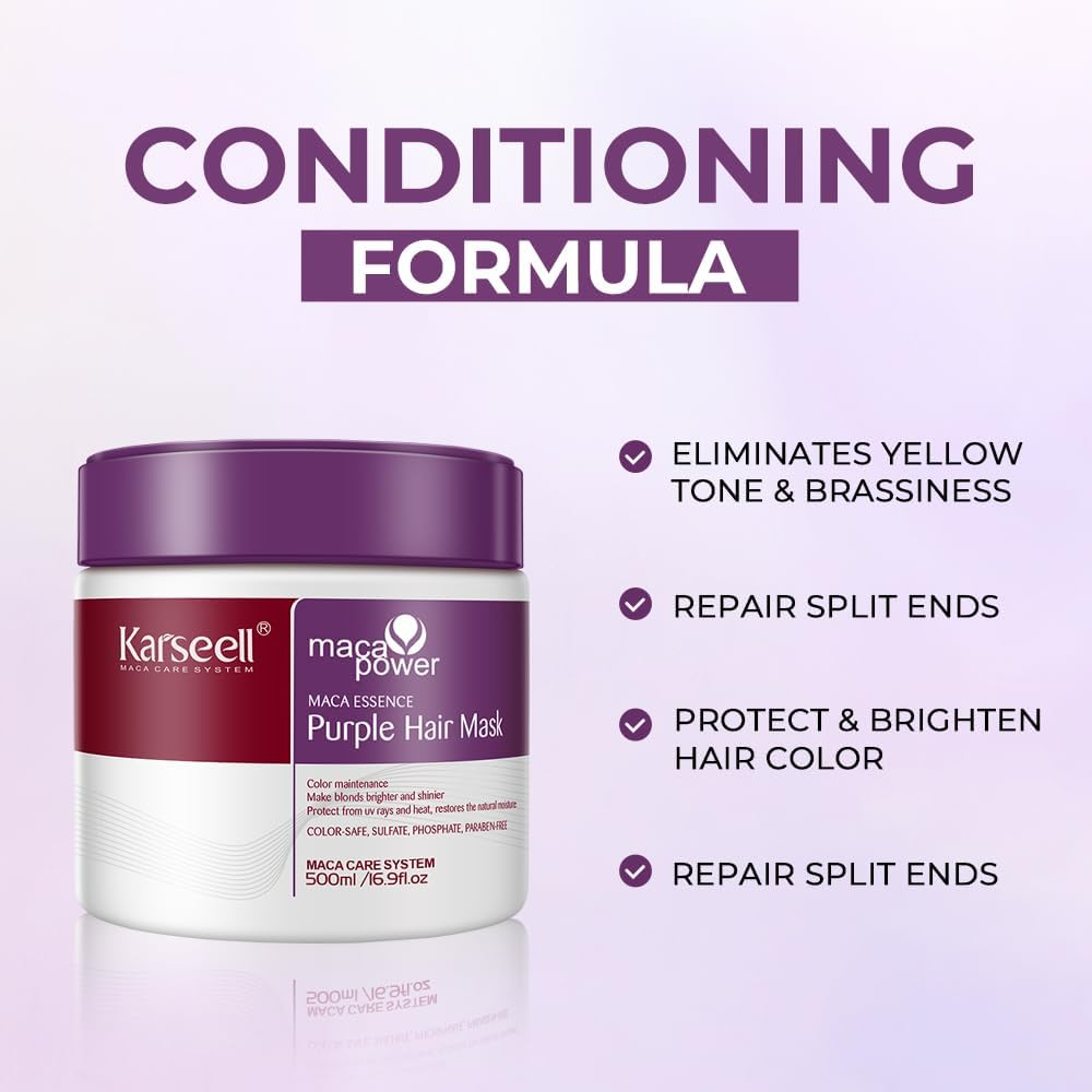 Karseell Purple Hair Maskprofessional Neutralizes Brass & Yellow Tones for Blonde Silver Gray Highlighted Hair Conditioning with Argan Oil and Collagen, 500Ml image number 2