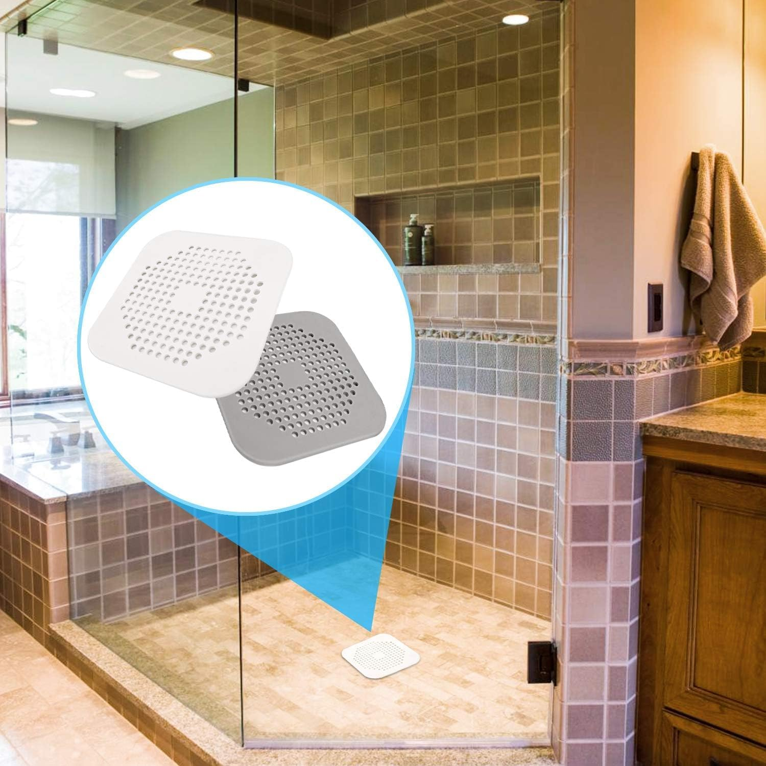 2 Pack Hair Catcher,Square Drain Cover for Shower Silicone Hair Stopper with Suction Cups,Easy to Install Suit for Bathroom,Bathtub,Kitchen (Grey White) image number 1