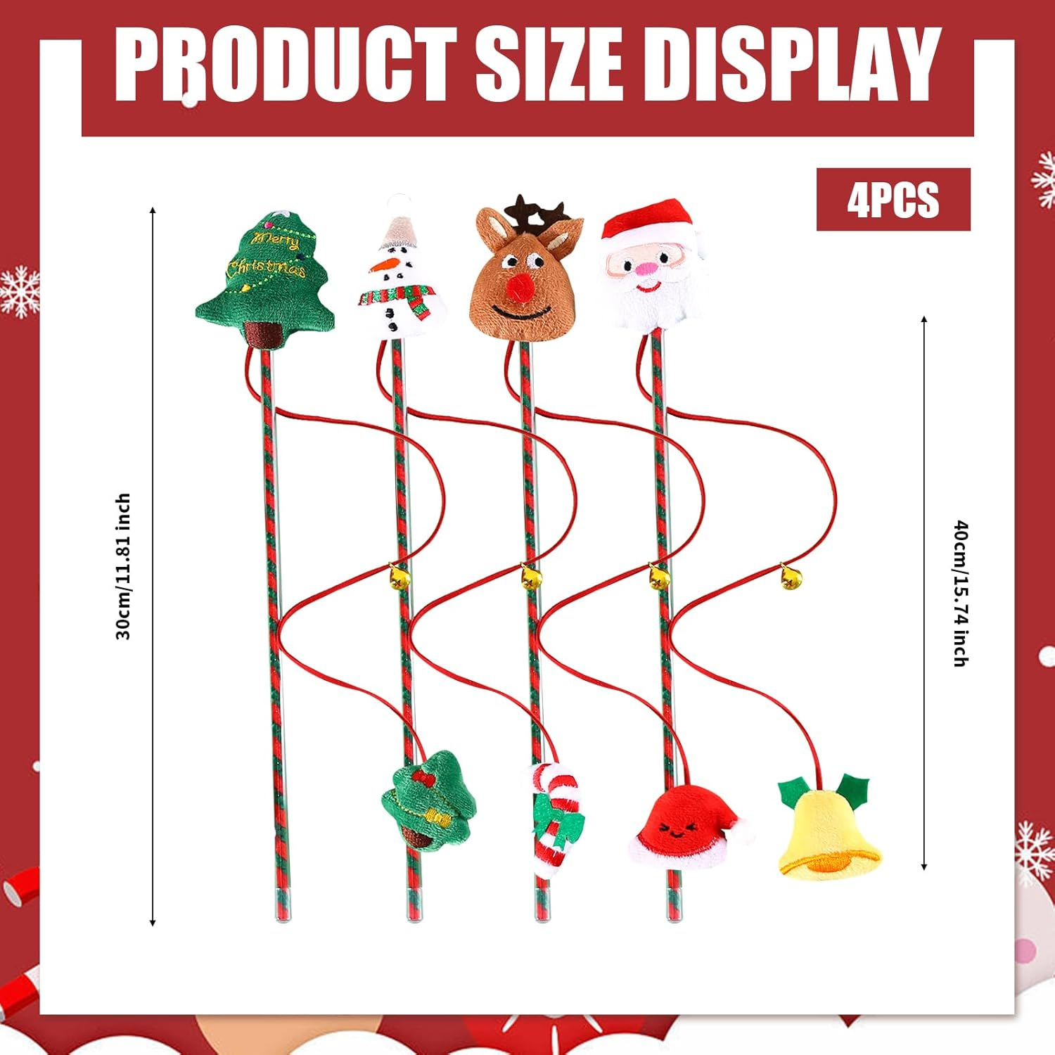 4 Pcs Christmas Cat Wand Toy,Christmas Design Interactive Cat Teaser Wand Toys with Bells,Funny Kitten Stick Toys for Indoor Cats,Christmas Party Cat Toys for Cat Interactive,Training